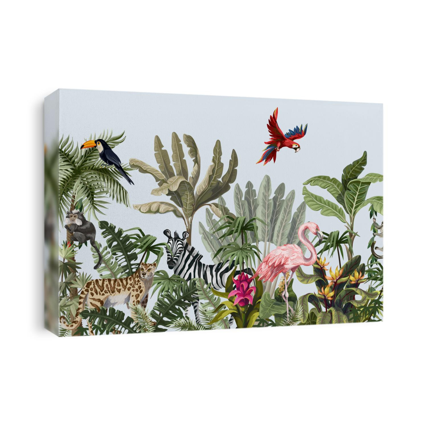 Seamless pattern with jungle animals, flowers and trees. Vector.
