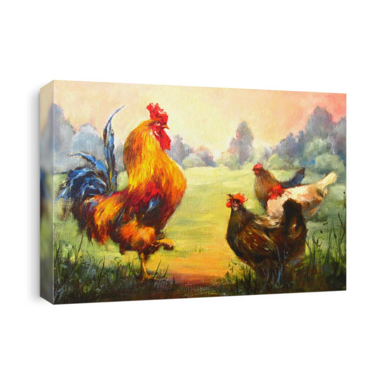 Rooster and chickens - multicolor illustration oil on canvas. Realistic homemade birds