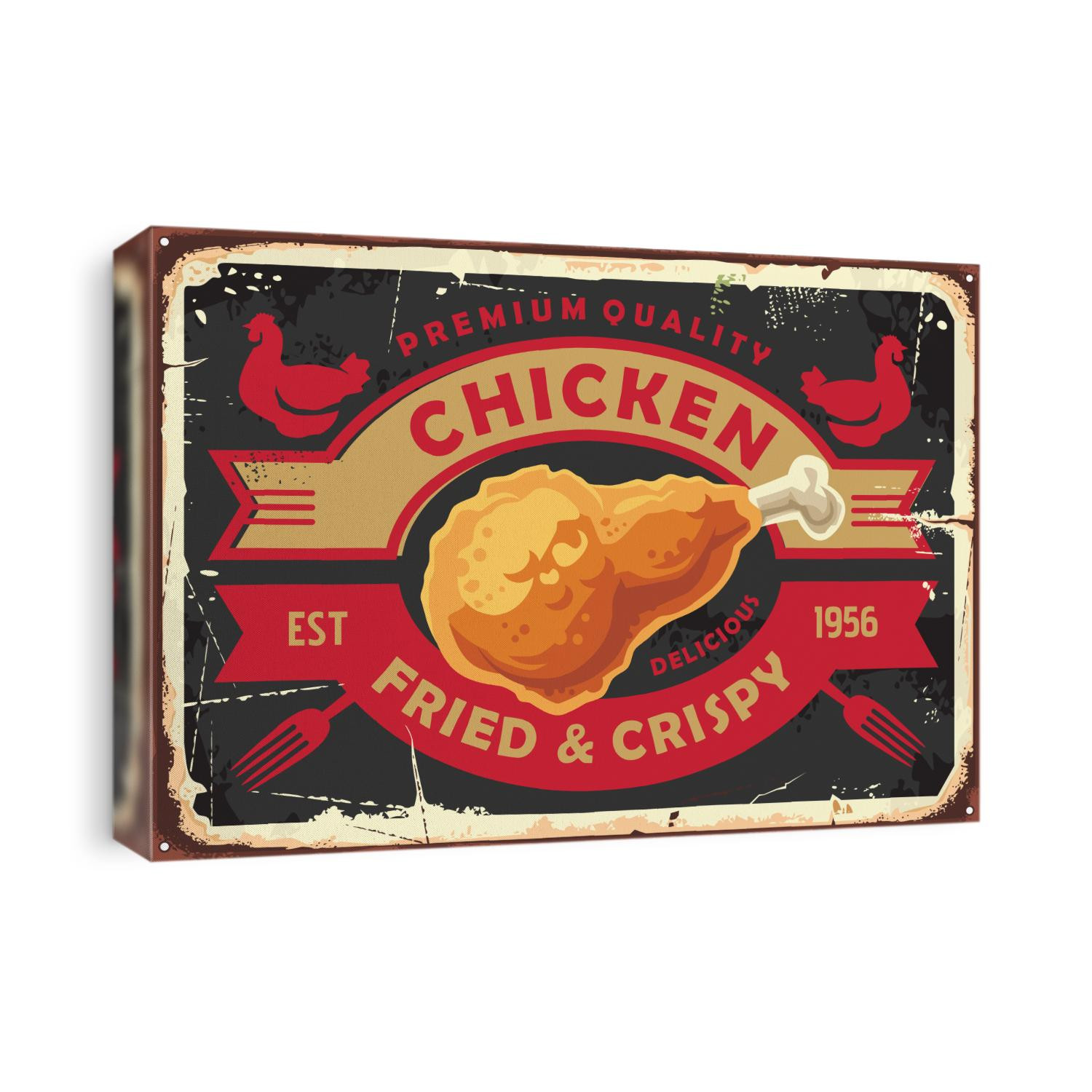 Fried and crispy chicken meat retro sign post with creative emblem. Chicken drumstick on old metal texture. Vintage food vector illustration.