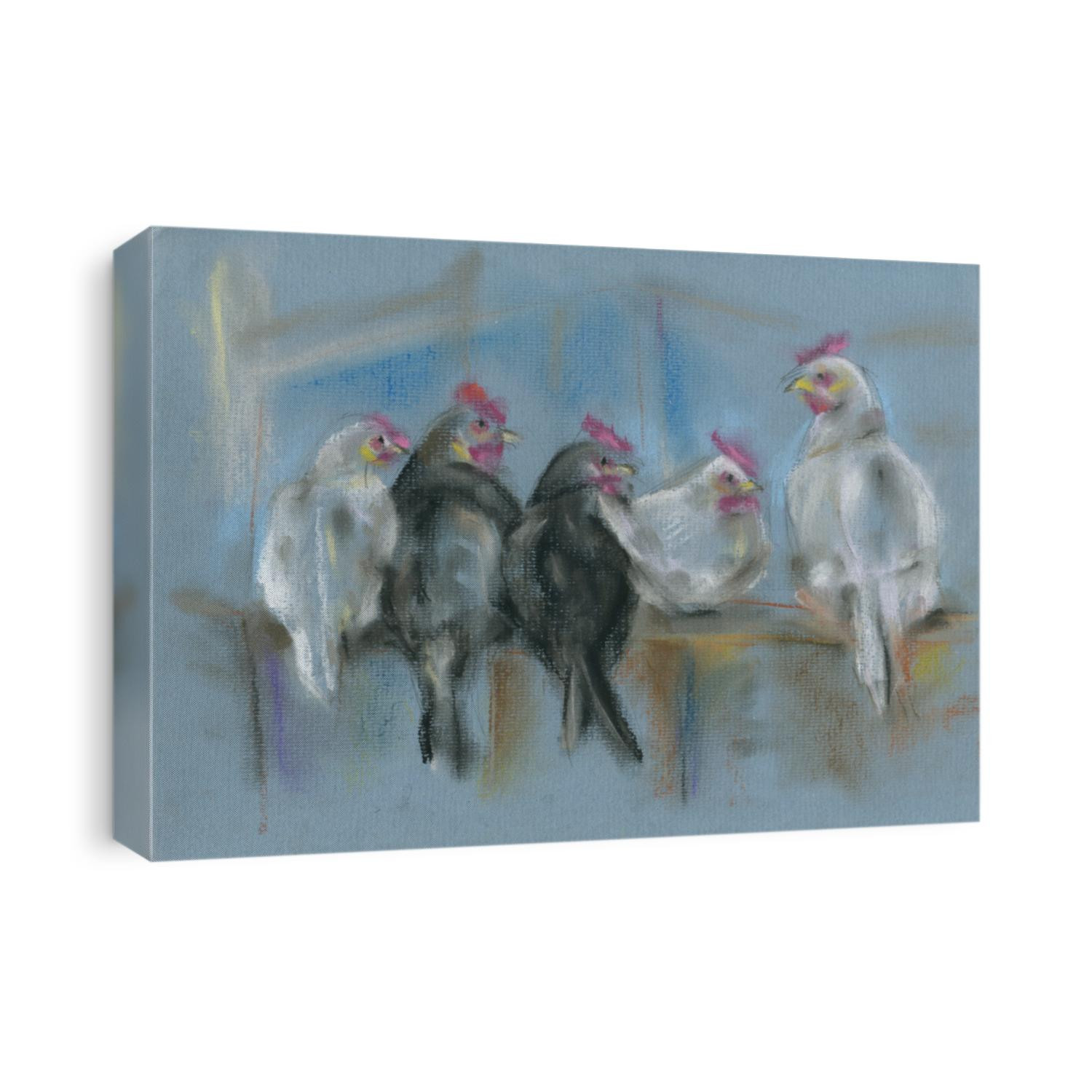Poultry house with chickens pastel illustration. Chickens sitting in the hen house author drawing