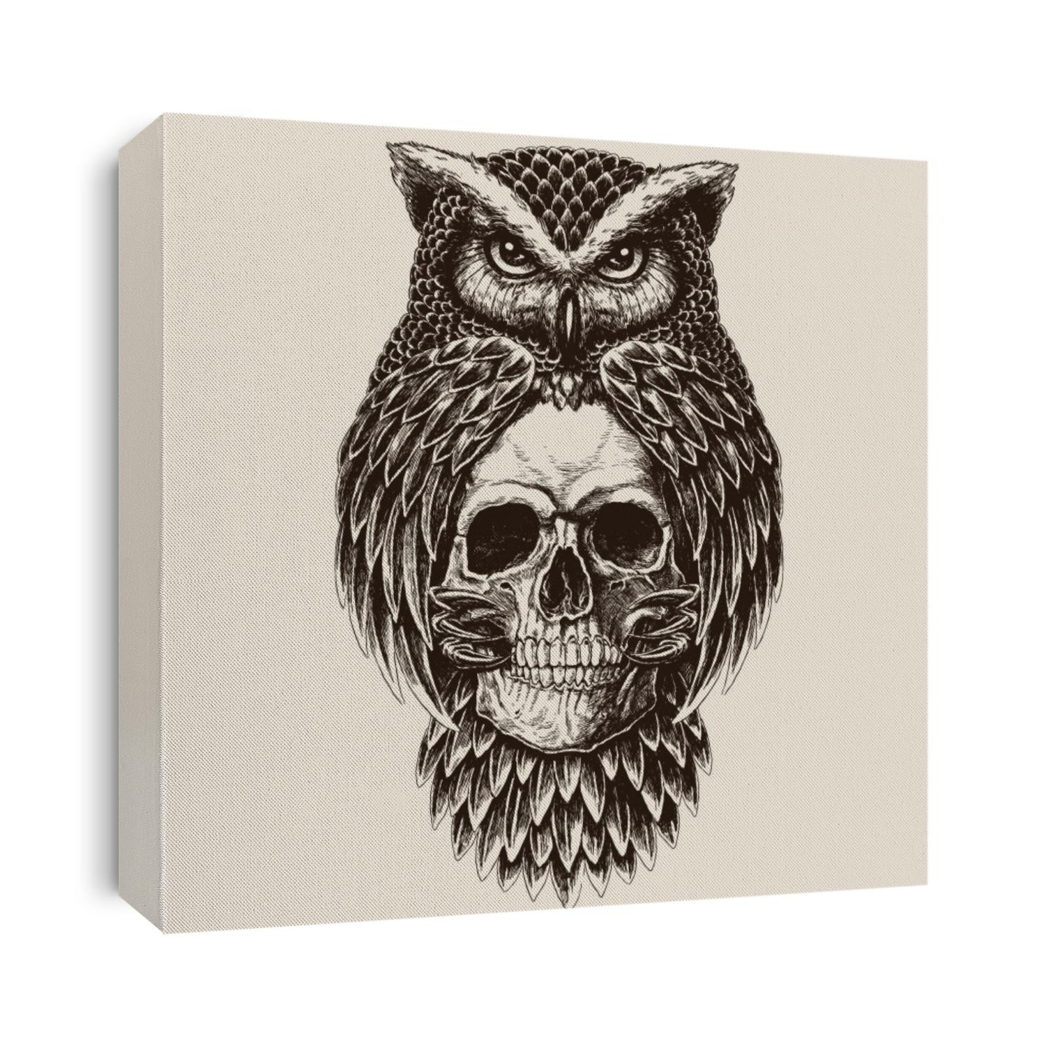 Elaborate drawing of Owl holding skull