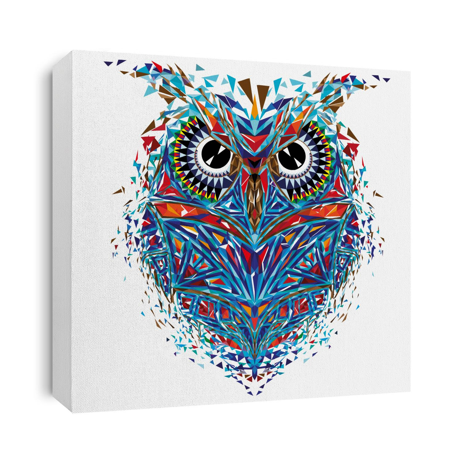 Kaleidoscopic owl in red-blue tones