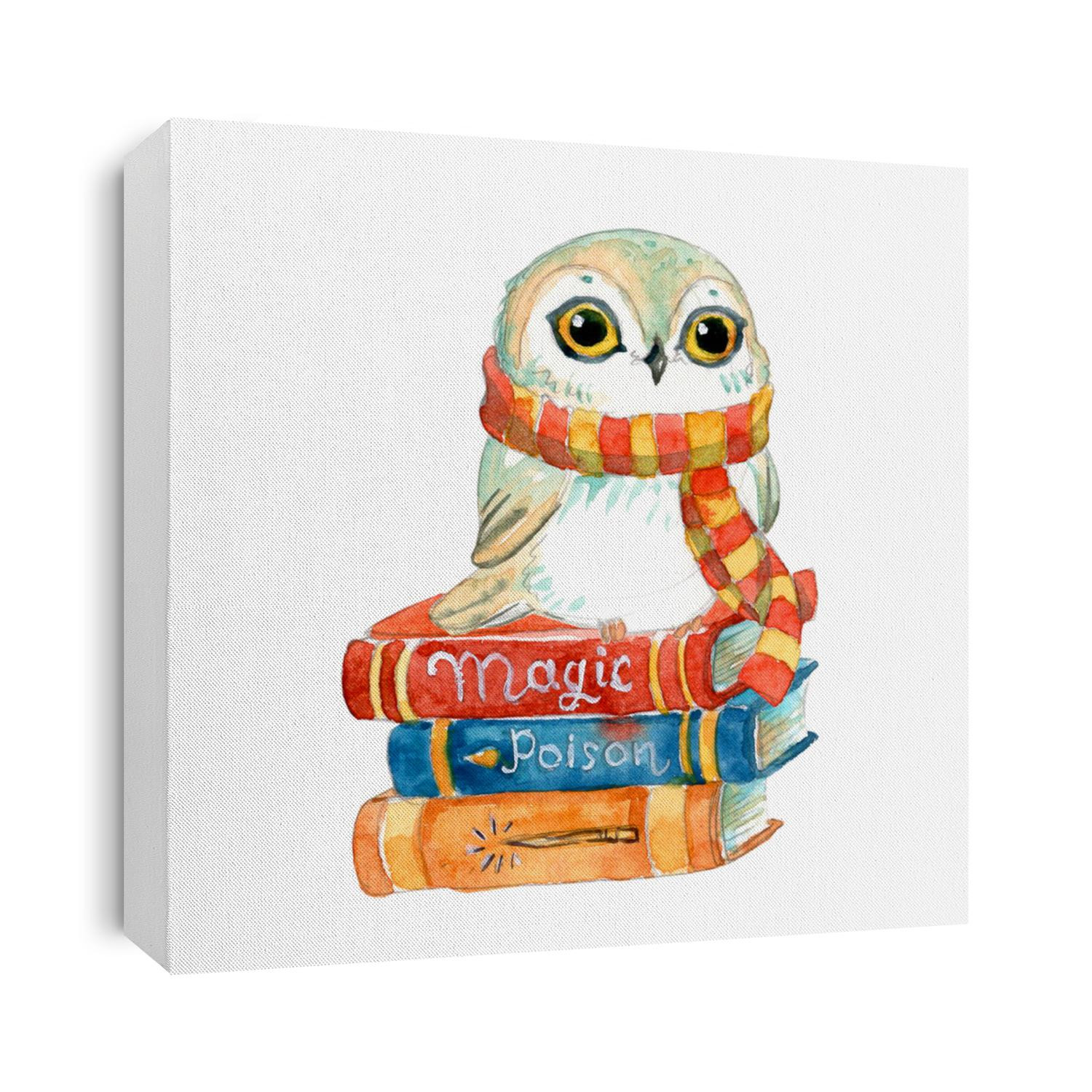 Watercolor cute owl with books, luggage and cage.