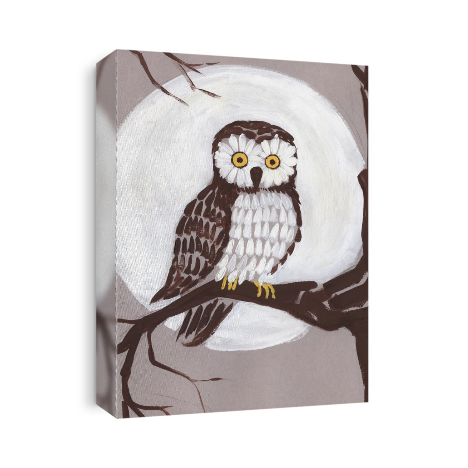Owl on a branch on the background of the moon. Hand-drawn art illustration of gouache.