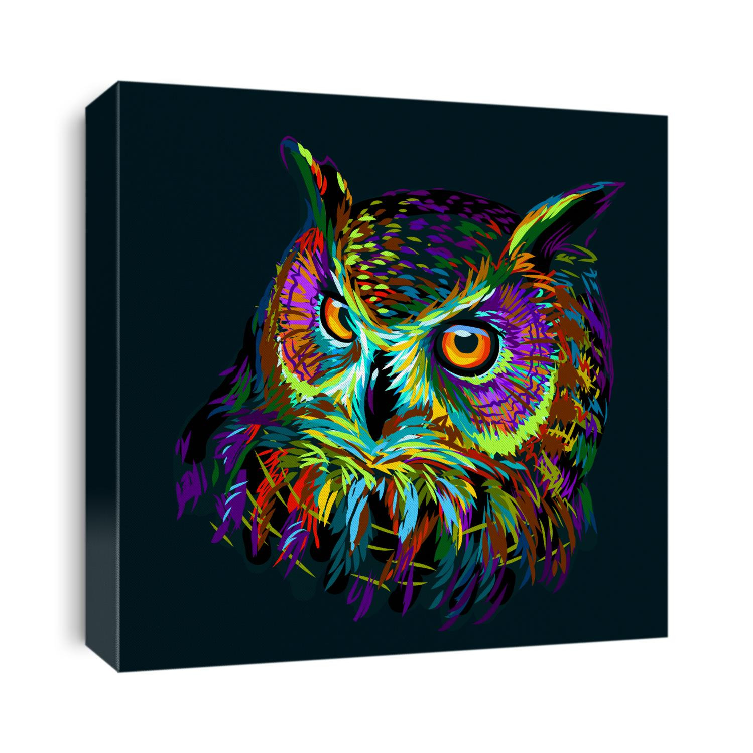 
Long-eared Owl. Abstract, multicolored graphic hand-drawn portrait of an owl on a dark green background.