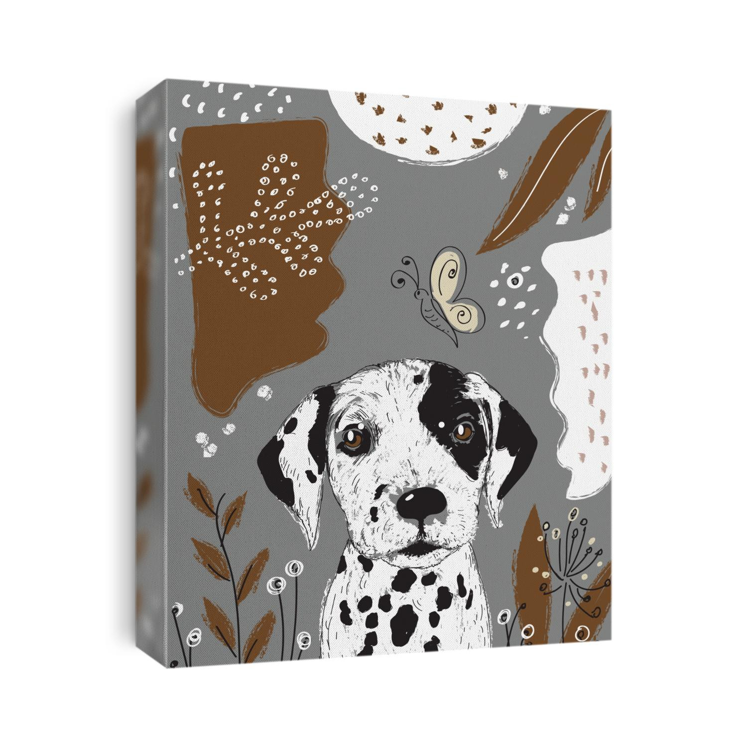 Dalmatian puppy on the background of flowers