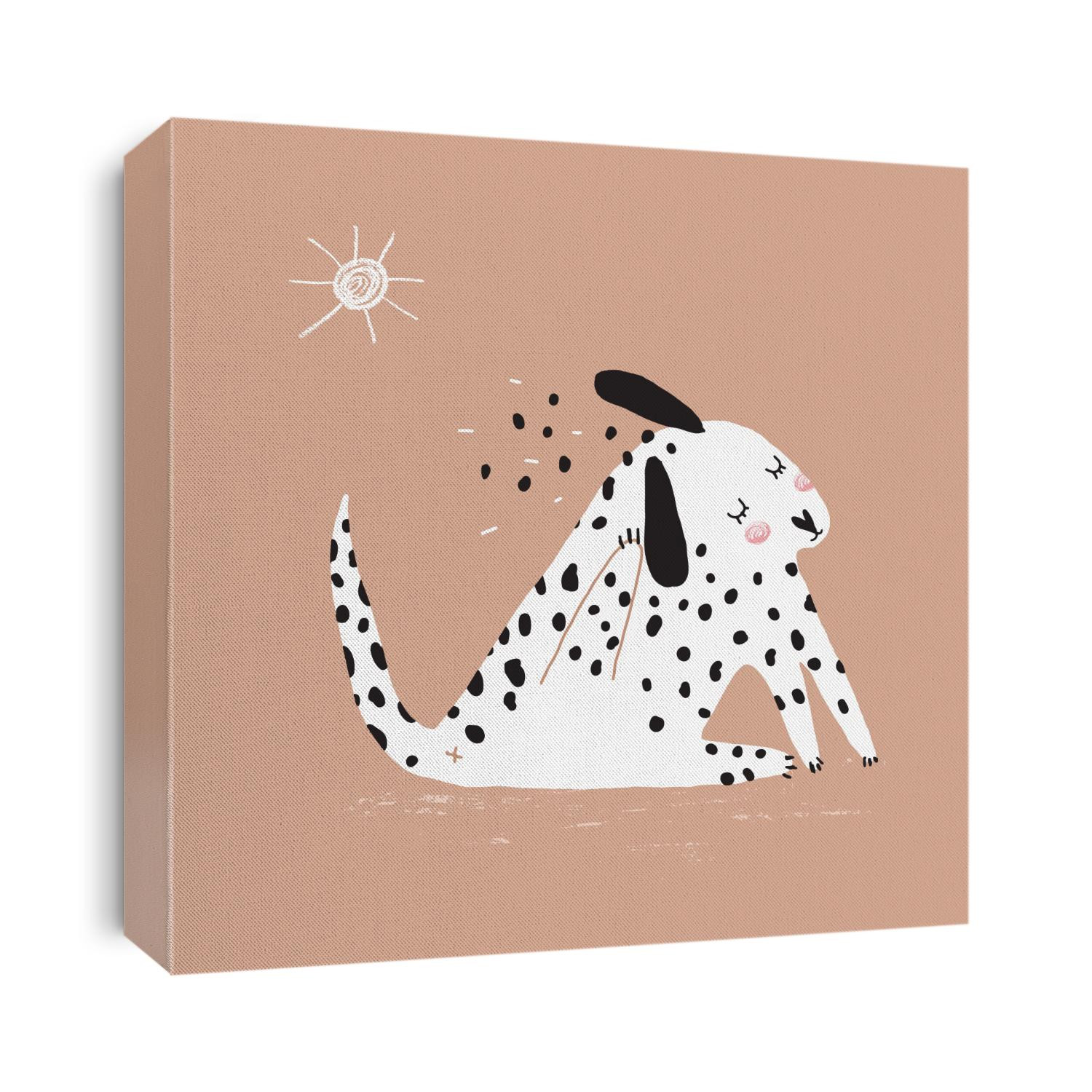Funny Nursery Vector Art with Cute Dalmatian Puppy. Sweet Hand Drawn Dotted Dog isolated on a Blush Brown Background. Lovely Illustration for Dogs Lovers.
