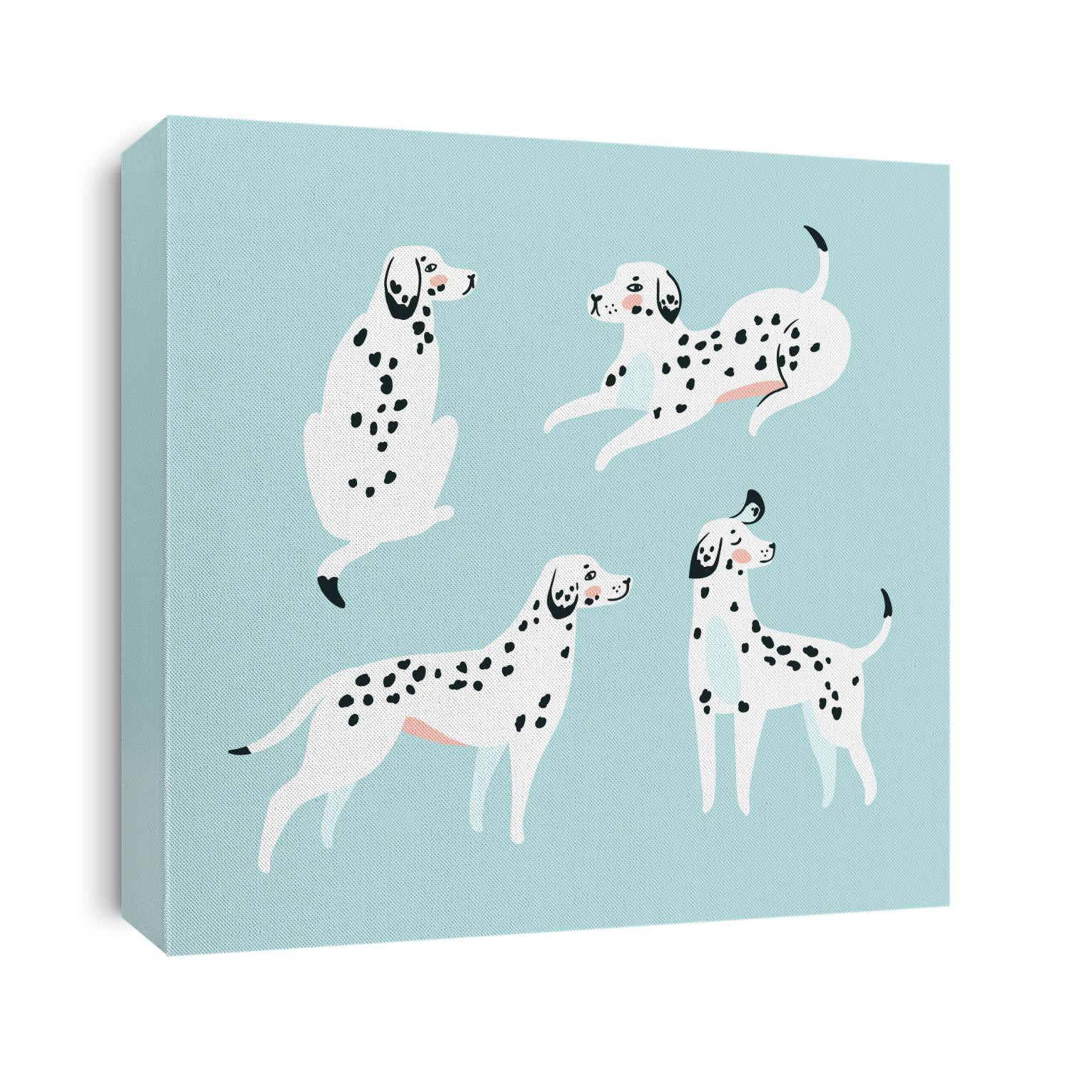 Cute funny white spotted dogs on the blue background. Dalmatian card design. Vector illustration.