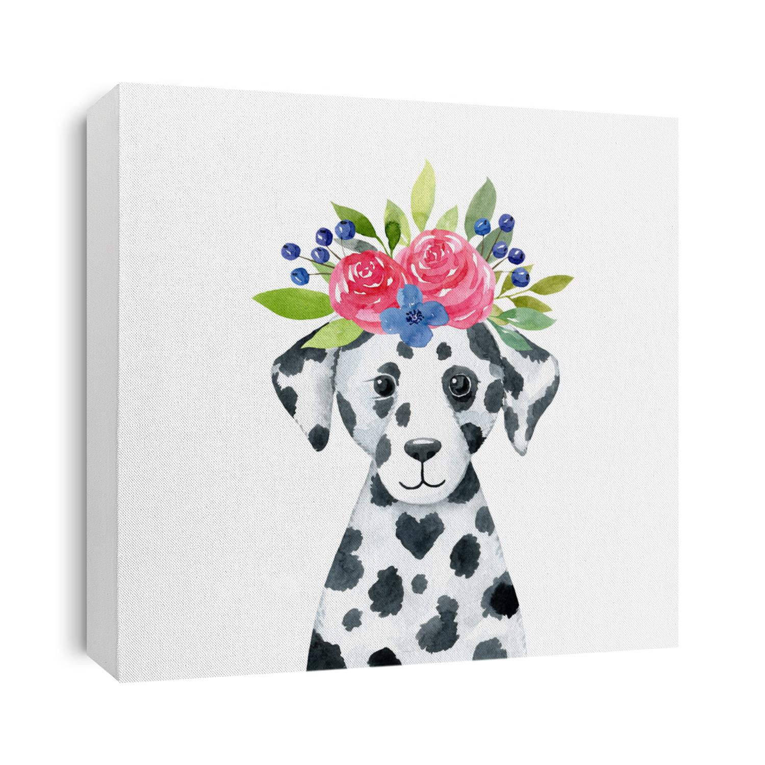Dog with floral wreath -watercolor illustration isolated on white background. Hand drawn dalmatian puppy character, front view. Black and white childish portrait. Print for t-shirts, apparel, posters.