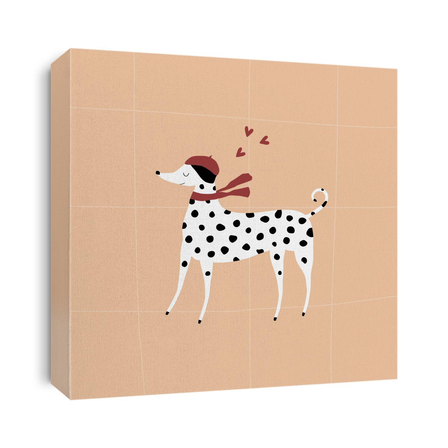 Cute dalmatian in red beret and red scarf with hearts. Funny dog vector illustration.