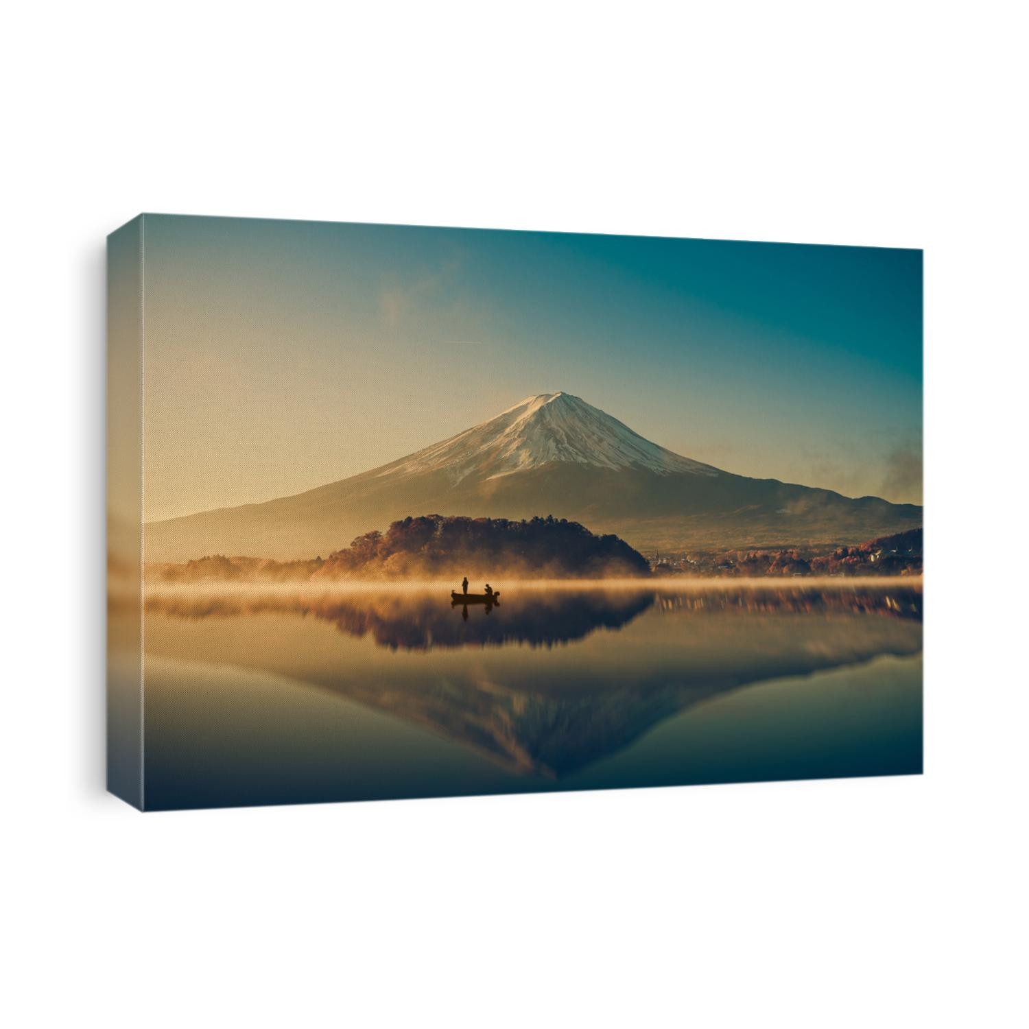 Mount fuji san at Lake kawaguchiko in japan on sunrise.  vintage tone 