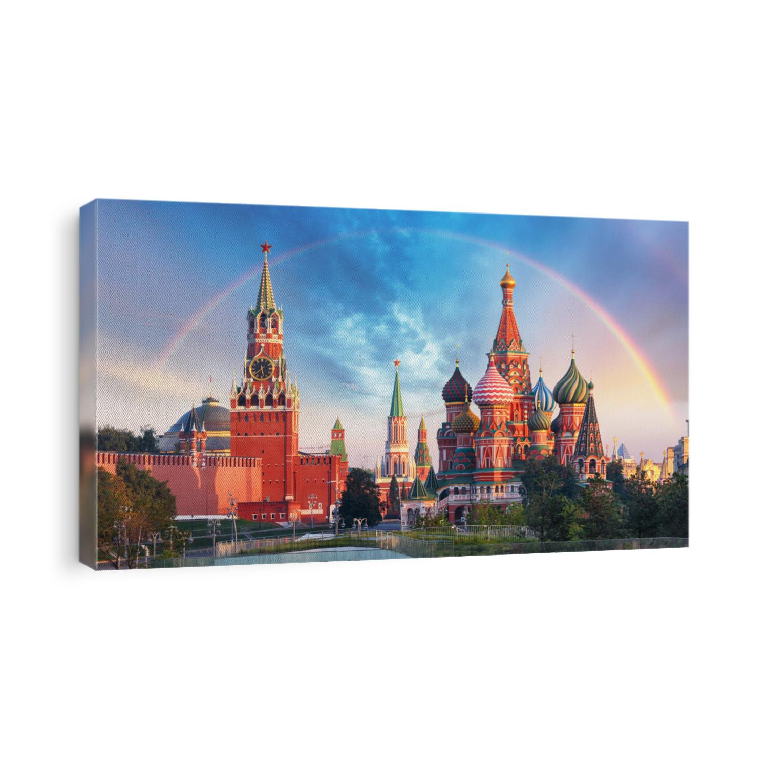 Moscow - Panoramic view of the Red Square with Moscow Kremlin and St Basil's Cathedral with rainbow