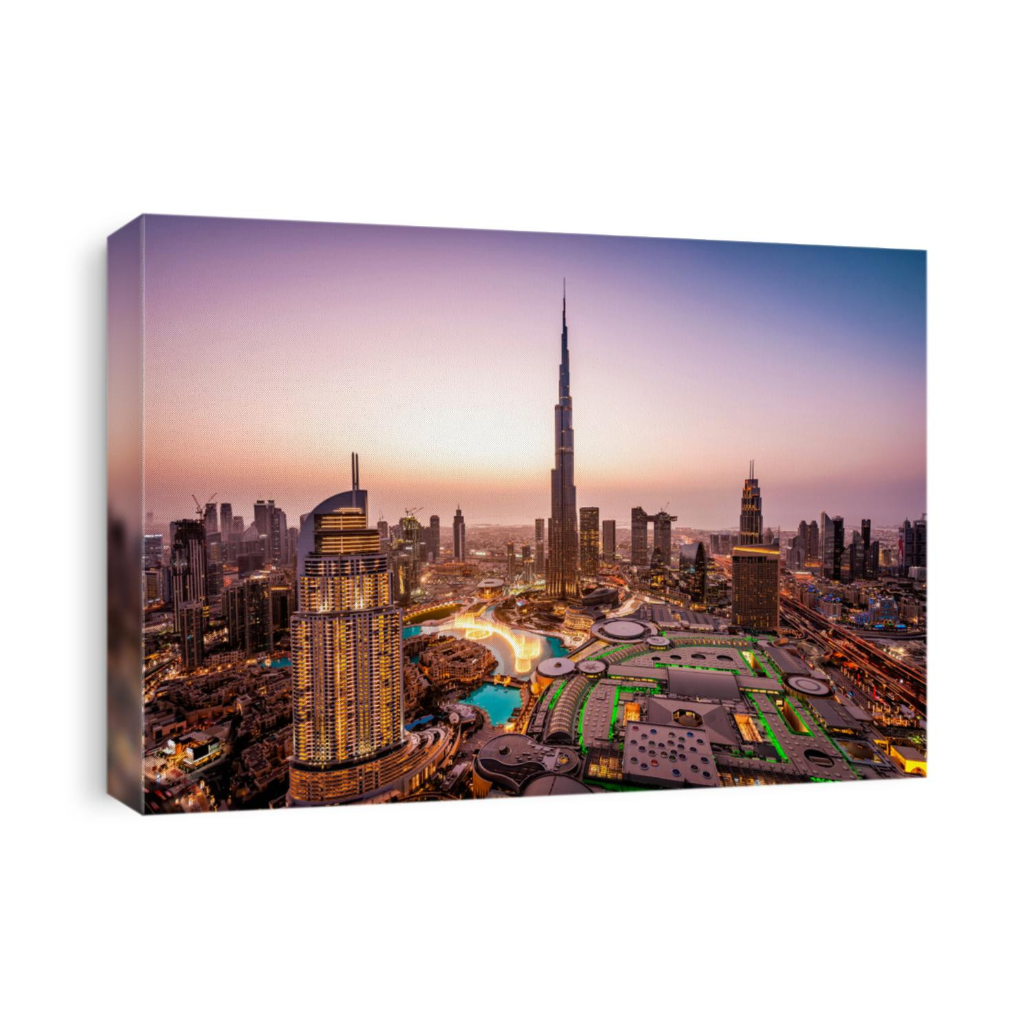 WOW view of Dubai skyline at night. City lights popping. Dancing fountain display. Luxury travel holiday concept.