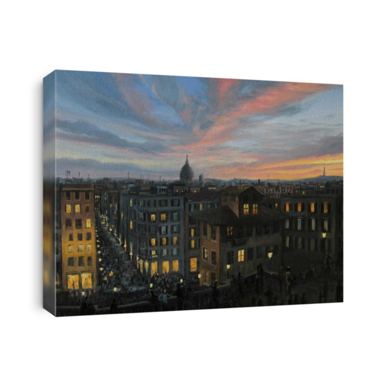 An oil painting on canvas of Rome, the capital of Italy in a summer evening with a colorful  panoramic sunset view toward the city from the top of the spanish steps.
