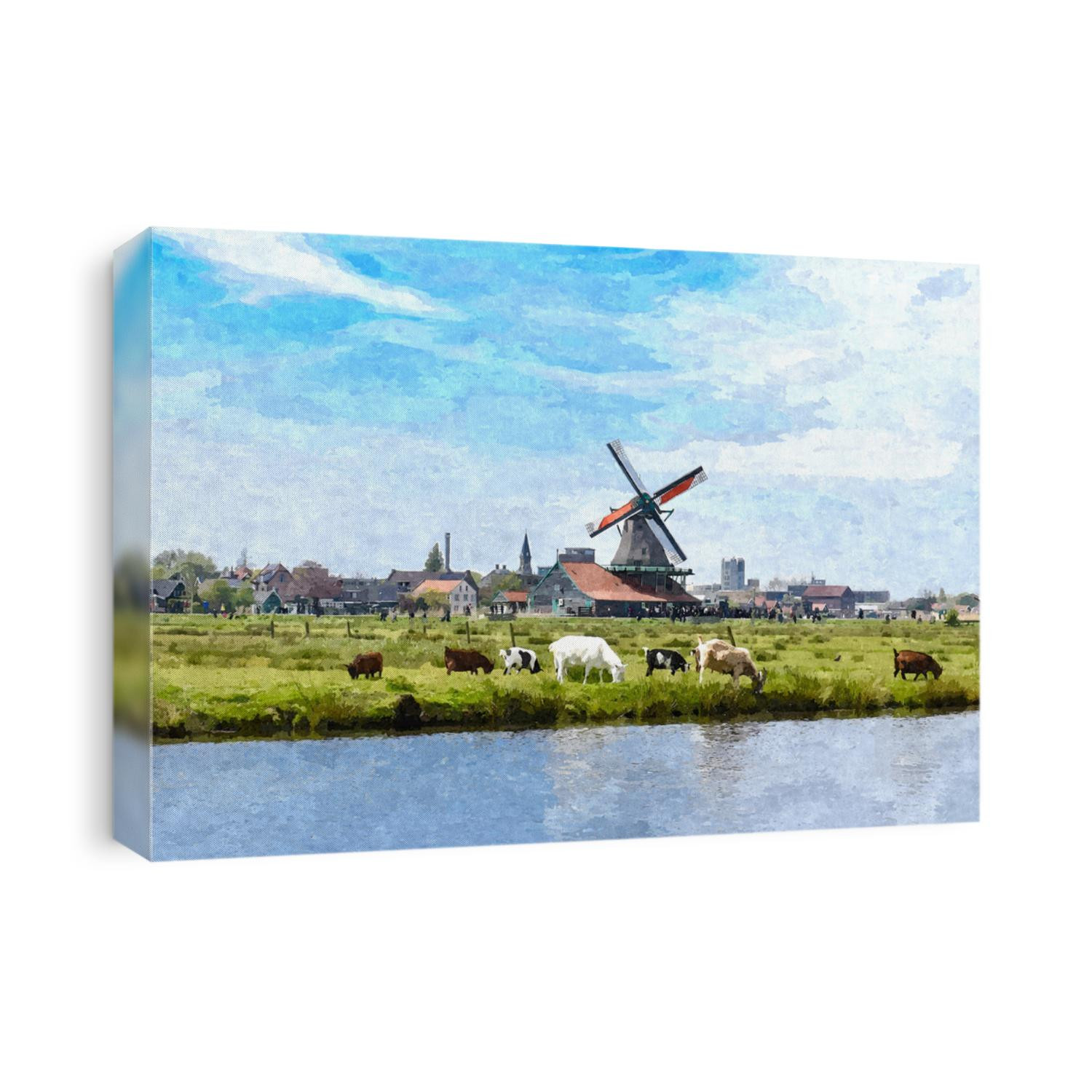 Oil painting illustration. Traditional Dutch old wooden windmill in Zaanse Schans - museum village in Zaandam. Sign of Netherlands.