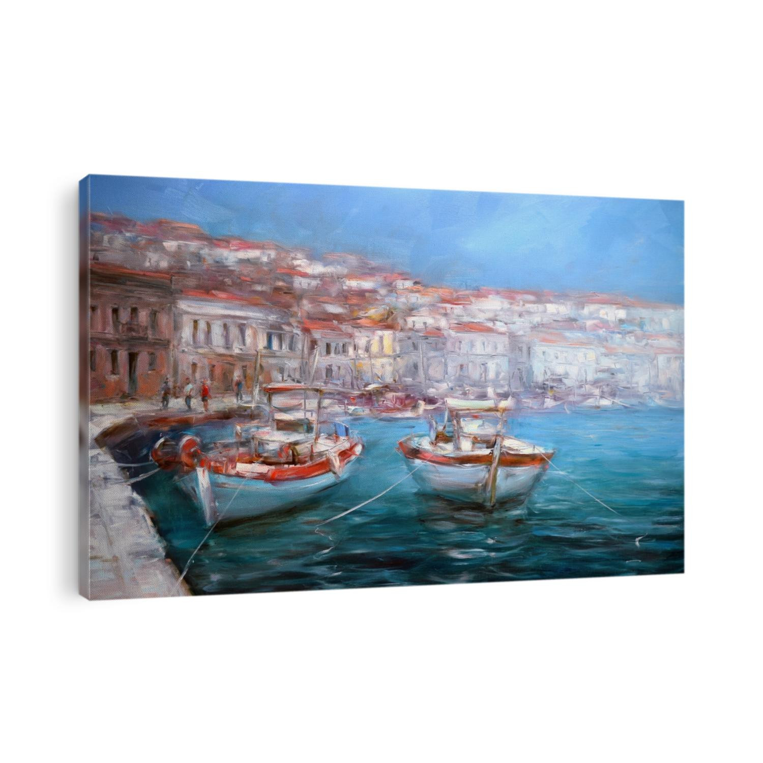 Boats on the island harbor,handmade oil painting on canvas