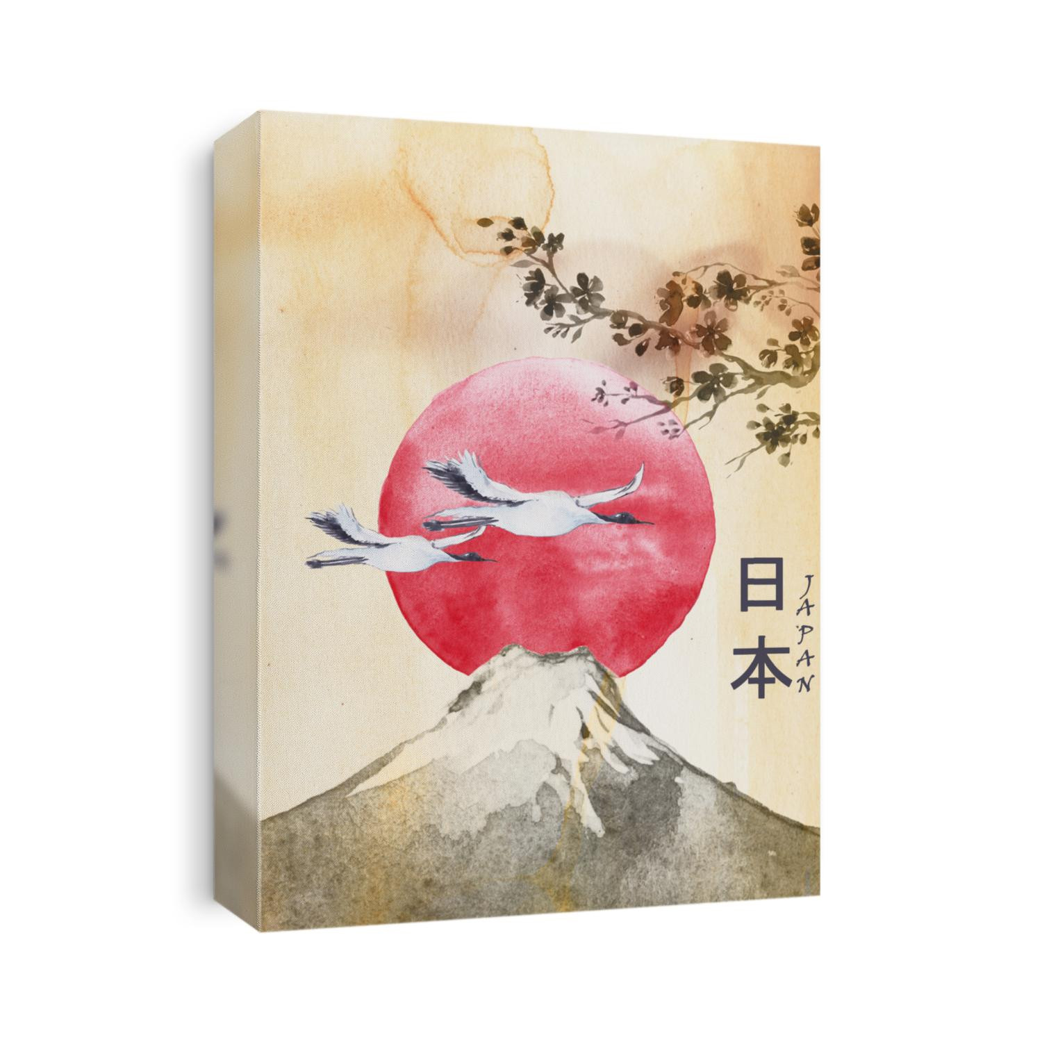 Mountain Fuji with branch of cherry blossom , Sun and Red-crowned crane in old paper. Symbol of japan. 