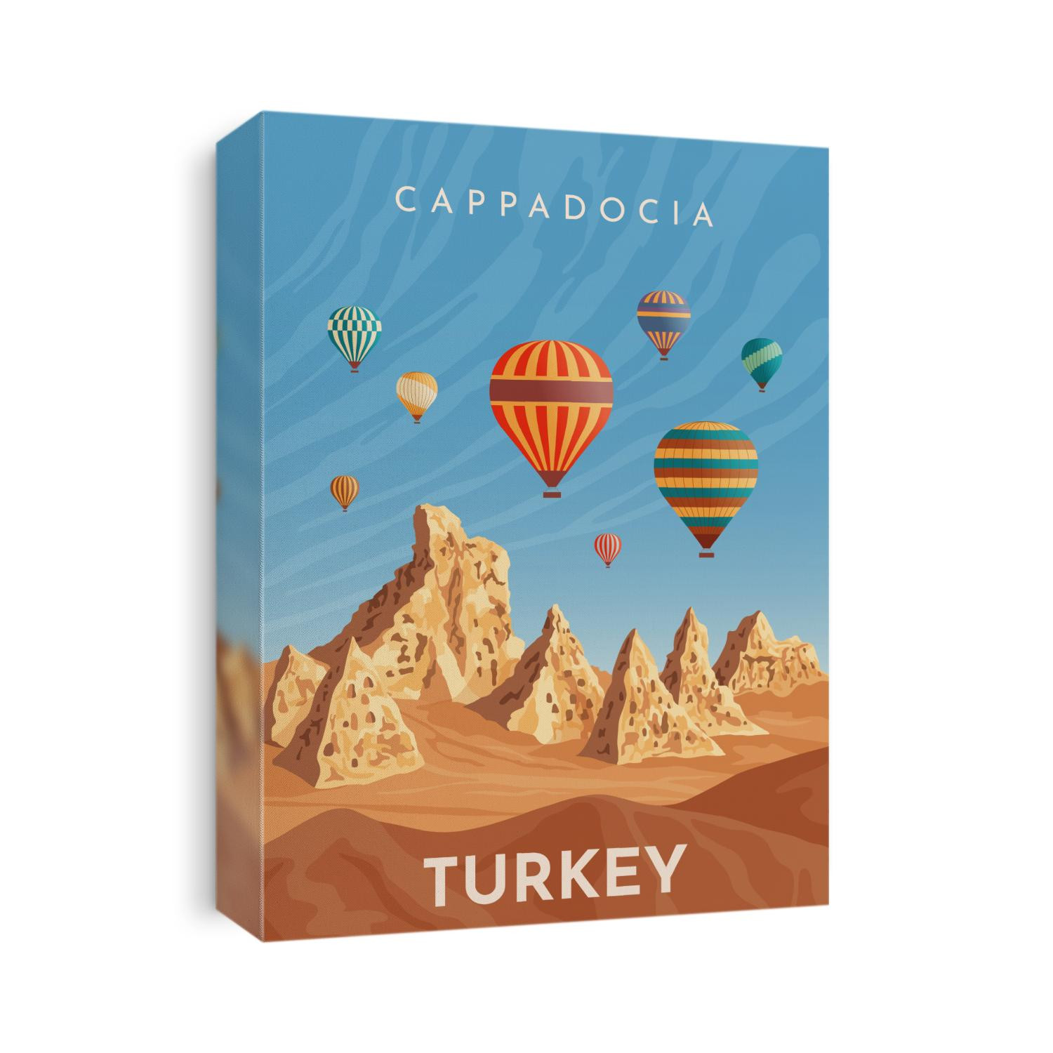 Cappadocia hot air balloon flight. Travel to Turkey. Retro poster, vintage banner. Hand drawing flat vector illustration.