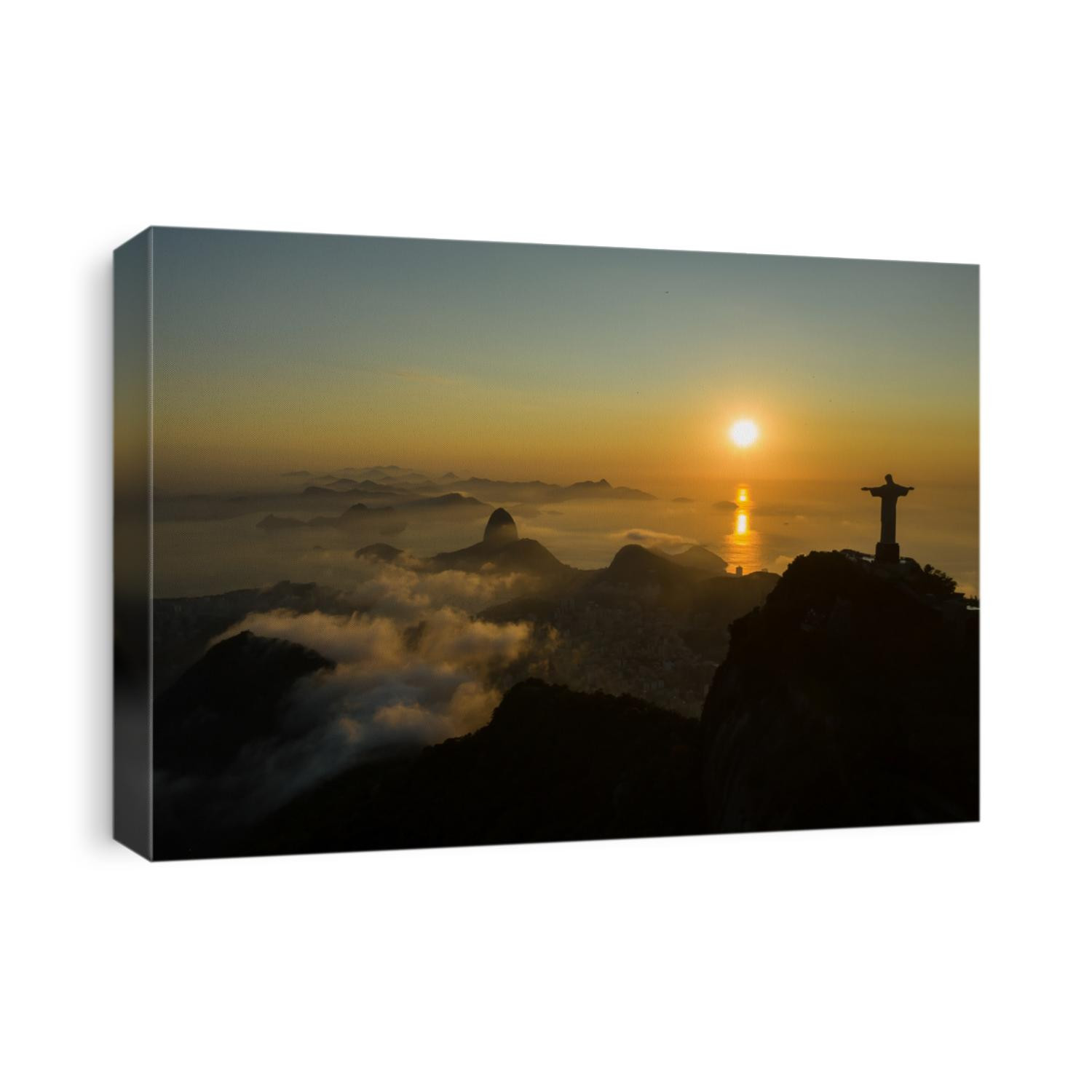 Drone, panoramic shot of a sunrise over Guanabara Bay with Christ the Redeemer statue in the foreground
