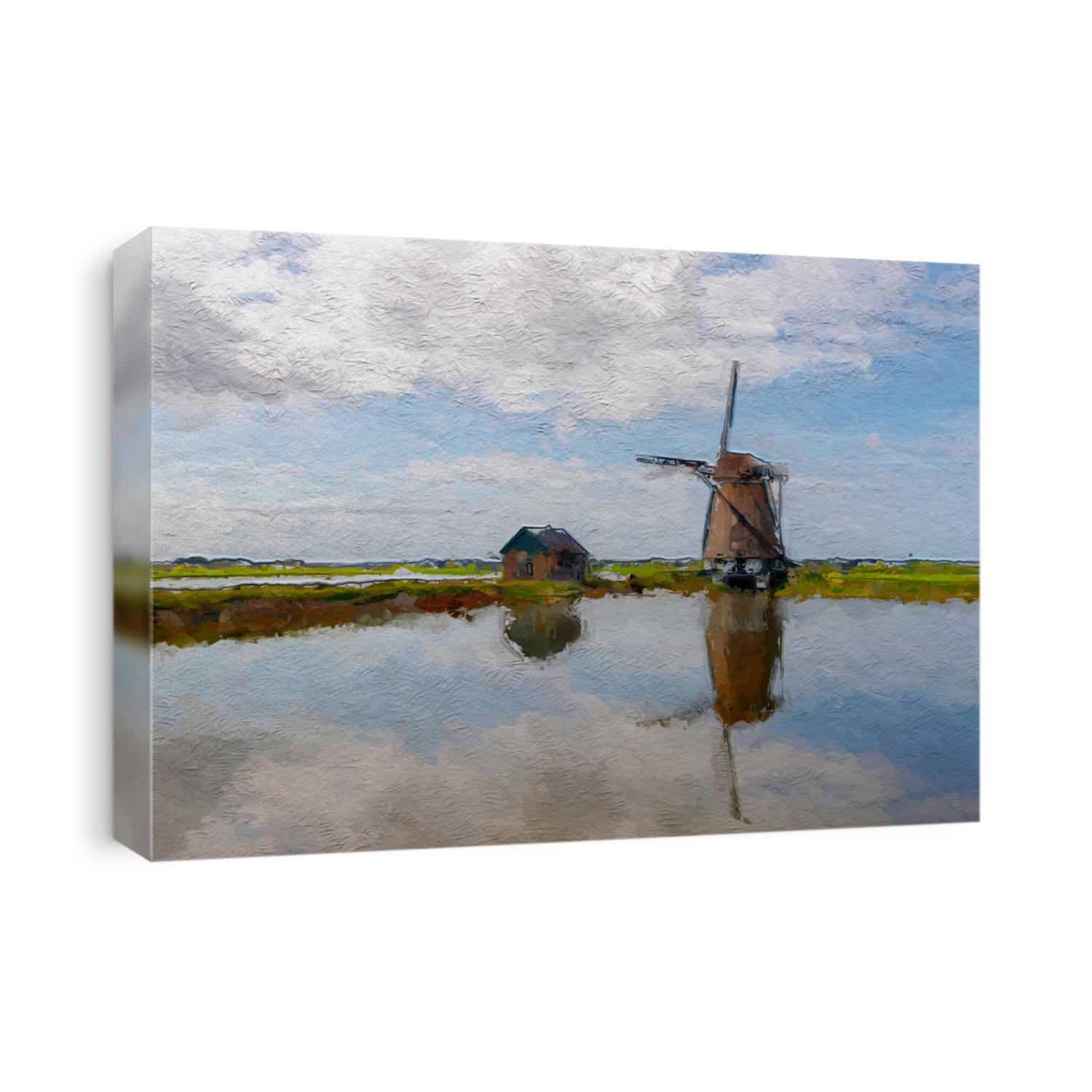 Illustration picture of traditional windmills under blue sky and white clouds with reflection on water converted to oil painting picture style, Watercolour painting of Dutch landscape background.