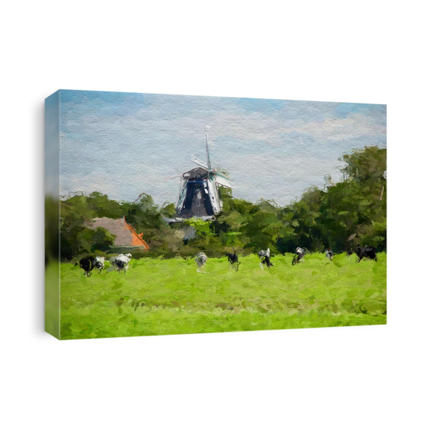 Illustration picture of a group Dutch cows eating grass on green meadow with traditional windmill as backdrop converted to oil painting picture style, Watercolour painting of landscape background.