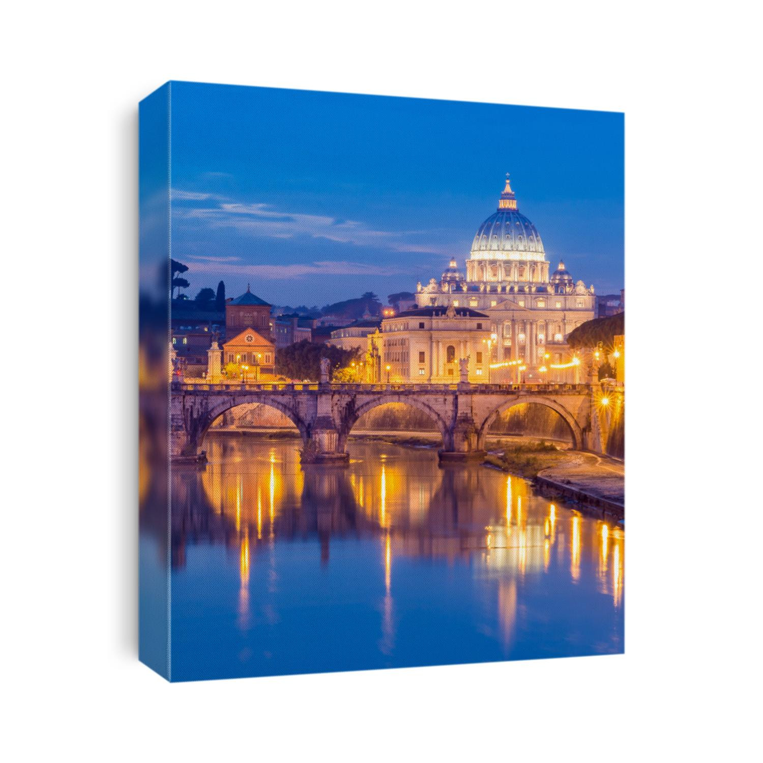 Vatican City, Rome, Italy, Beautiful Vibrant Night image Panorama of St. Peter's Basilica, Ponte Sant Angelo and Tiber River at Dusk in Summer. Reflection of The Papal Basilica of St. Peter