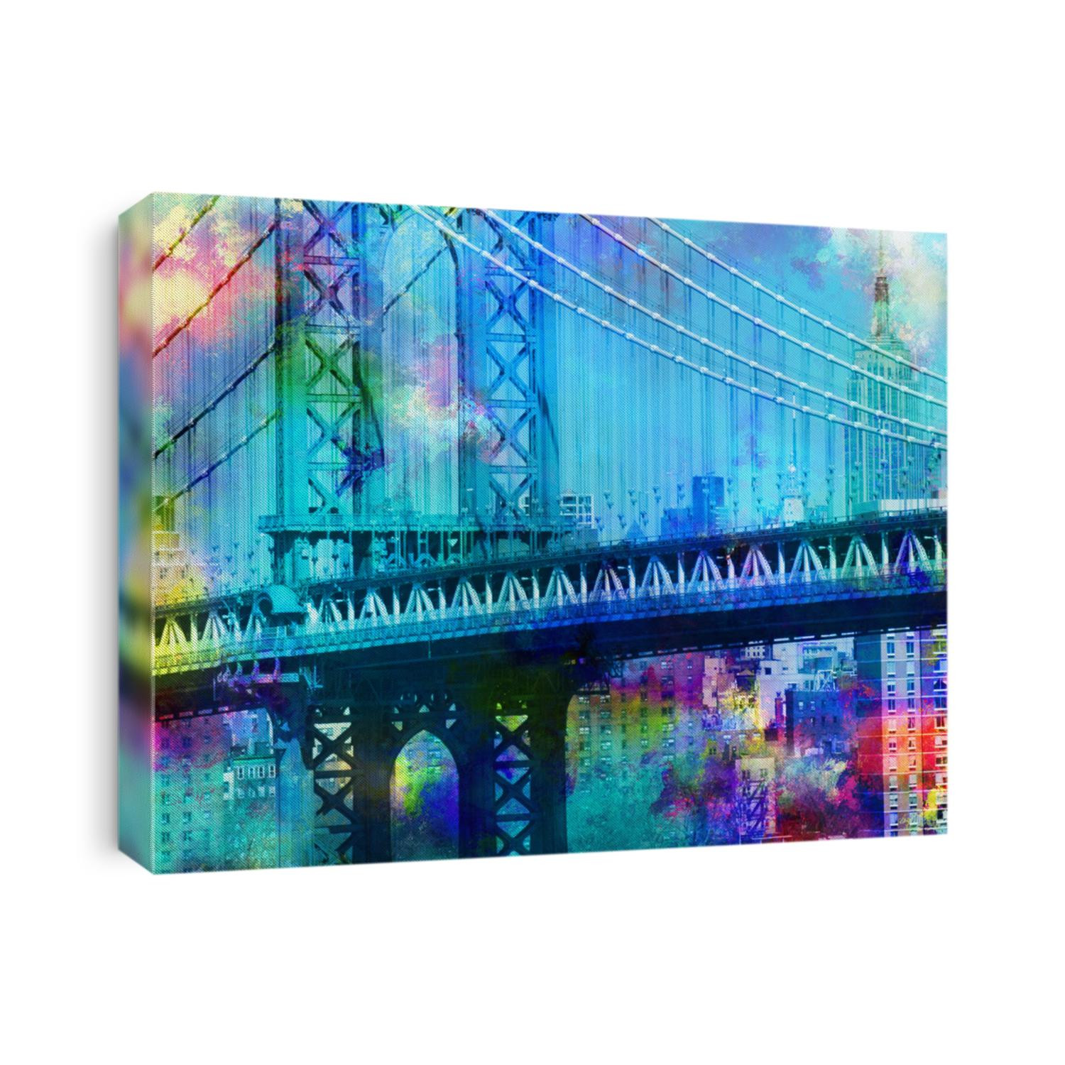 Colorful painting. Brooklyn bridge. New York downtown. 3D rendering