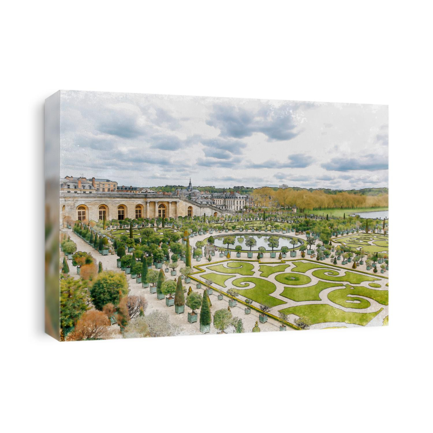 Watercolor painting Garden of Versailles palace southwest of the centre of Paris.