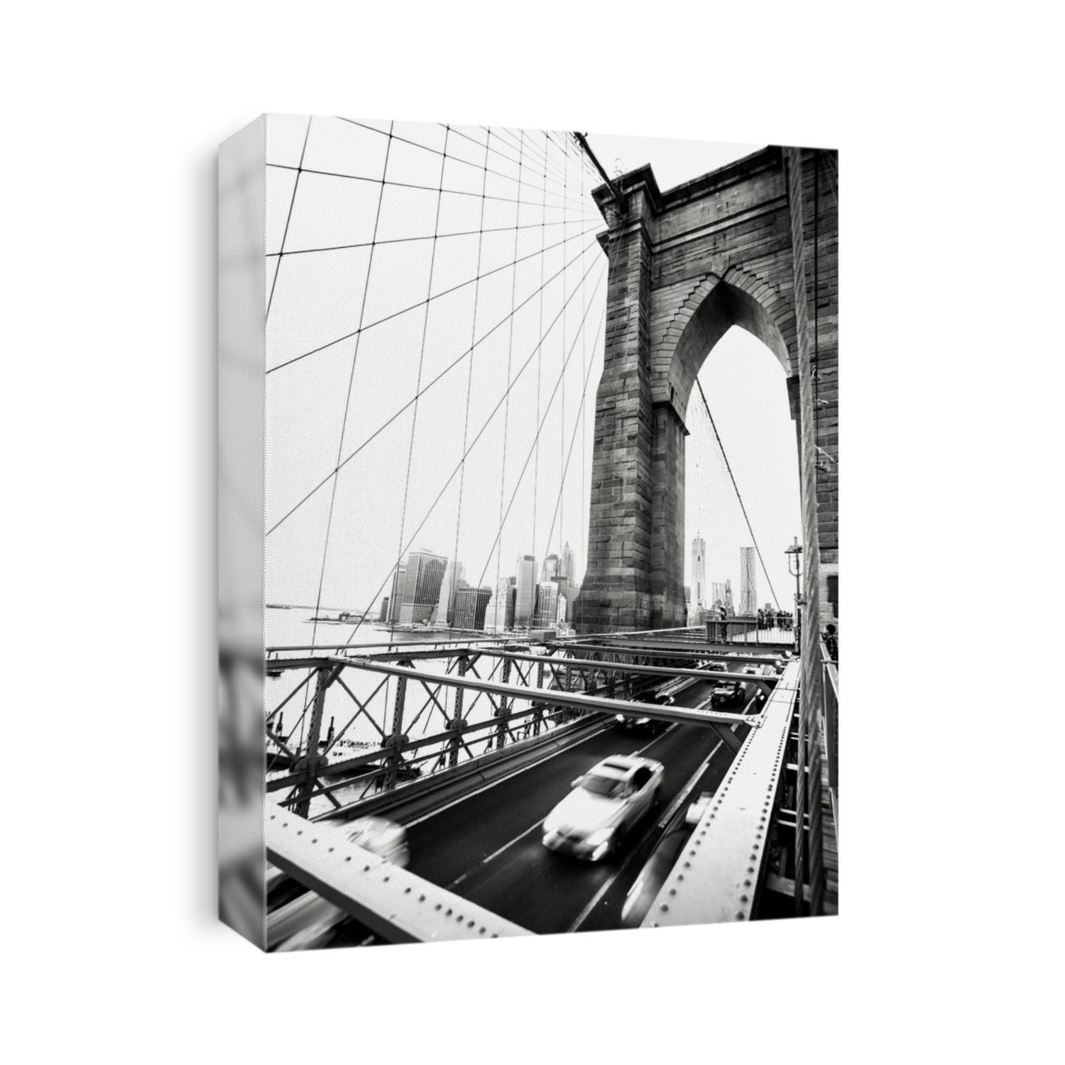 Speeding car on Brooklyn Bridge. High contrast modern monochrome black and white processed