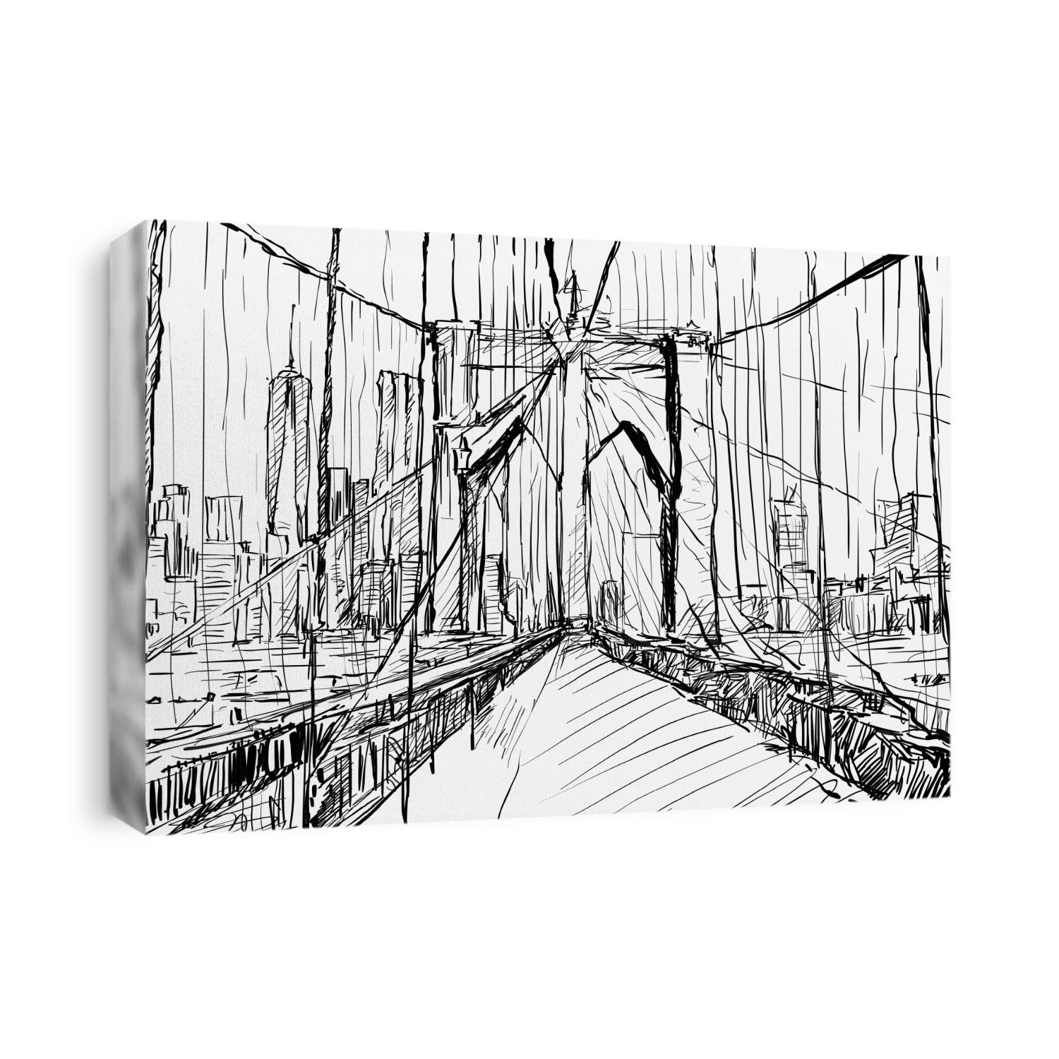sketch of cityscape in New York show Brooklyn Bridge and building, illustration