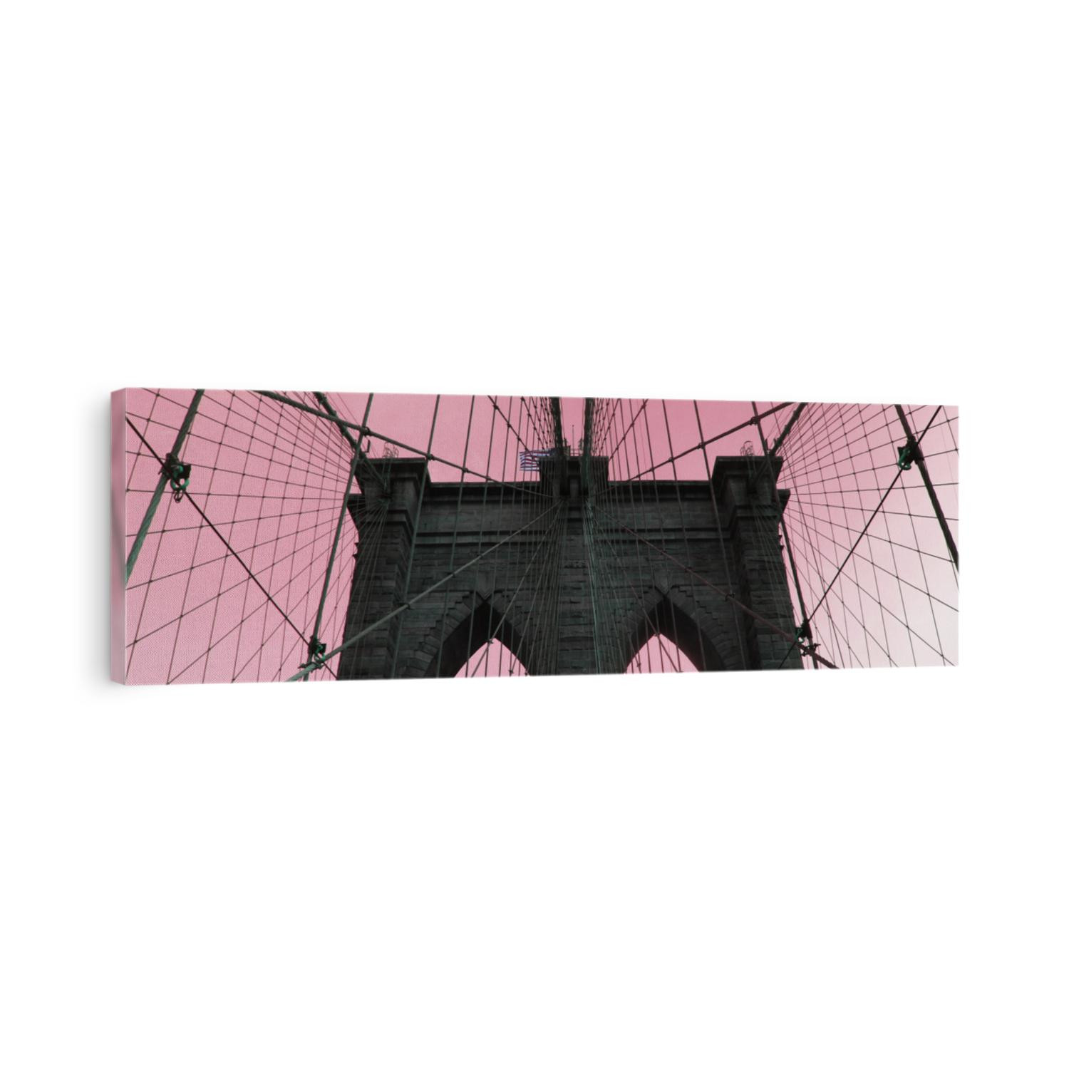 Website banner of Brooklyn bridge in pink background. Concept of New York blog header and American landmarks and cheap tours to USA.