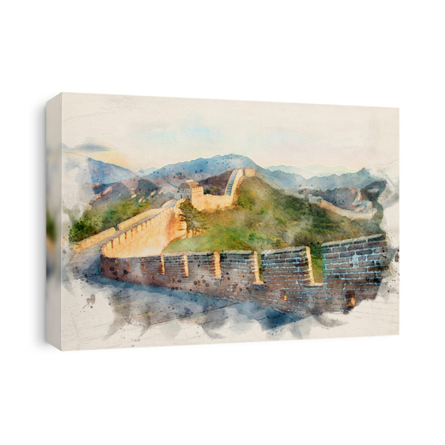 Watercolor painting of The Great Wall of China with distant mountains and blue sky