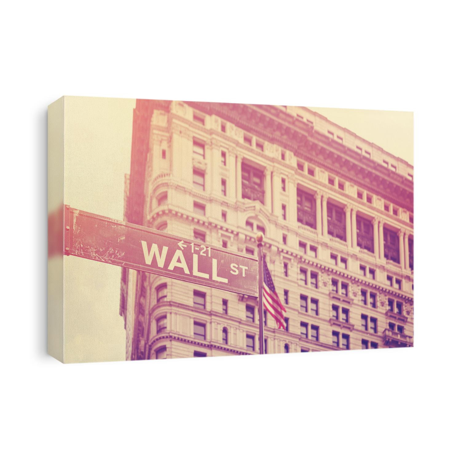 Retro stylized picture of Wall Street sign in Manhattan, selective focus, New York, USA.