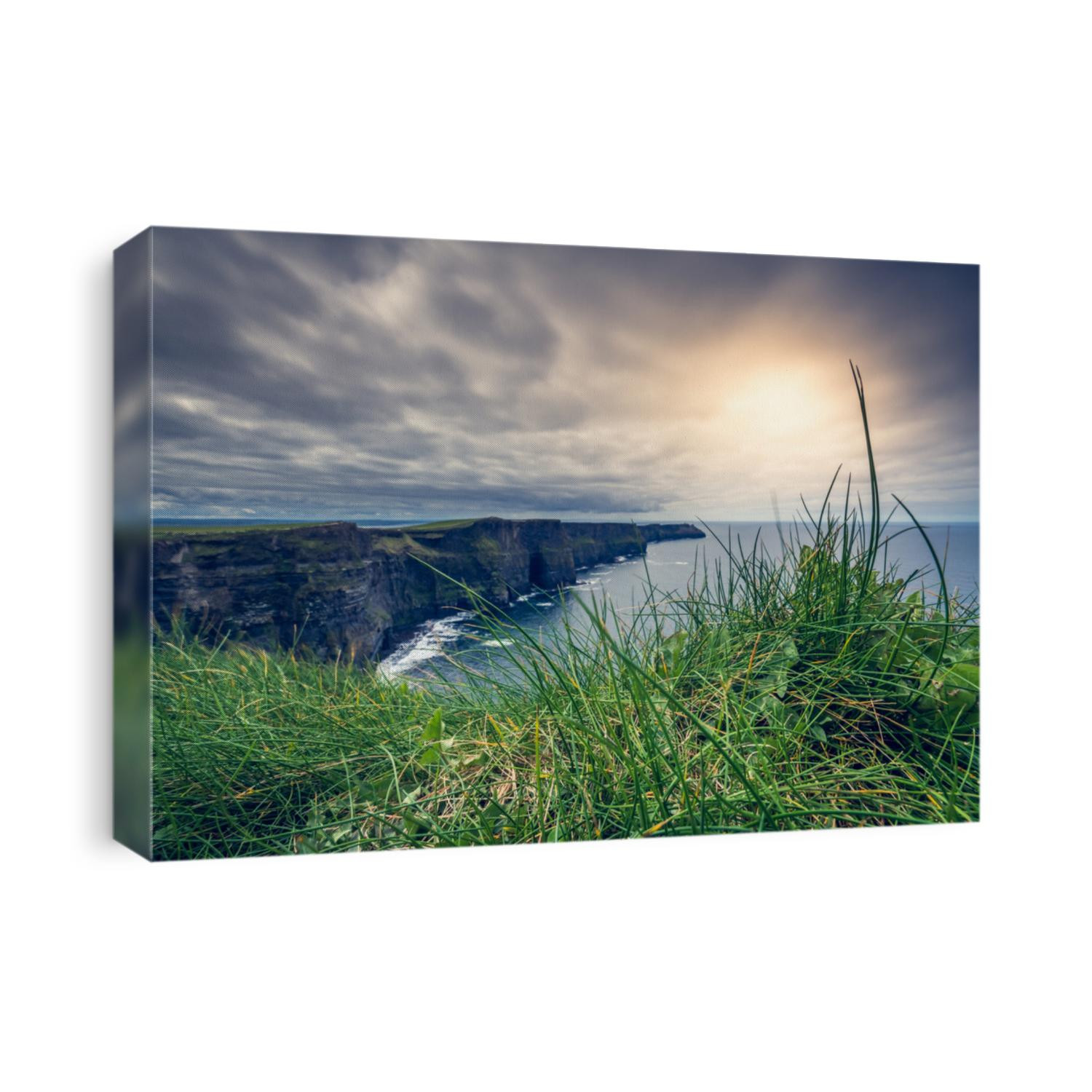 View over Cliffs of Moher on a overcast, cloudy and gloomy day, Ireland