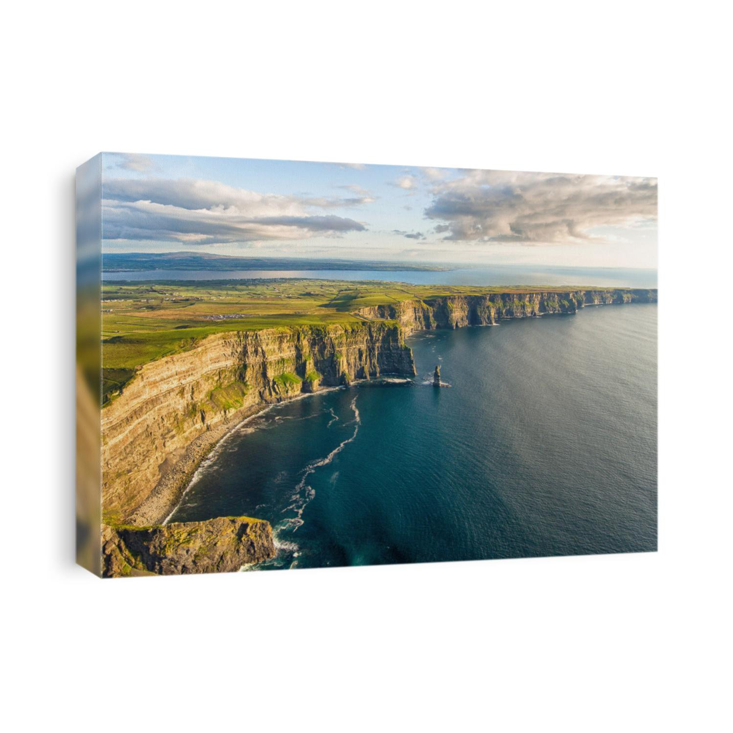 Aerial birds eye drone view from the world famous cliffs of moher in county clare ireland. Scenic Irish rural countryside nature along the wild atlantic way and European Atlantic Geotourism Route