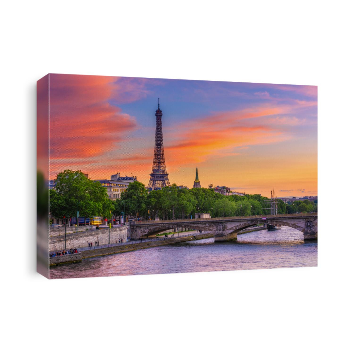Sunset view of Eiffel tower and Seine river in Paris, France. Eiffel Tower is one of the most iconic landmarks of Paris. Cityscape of Paris