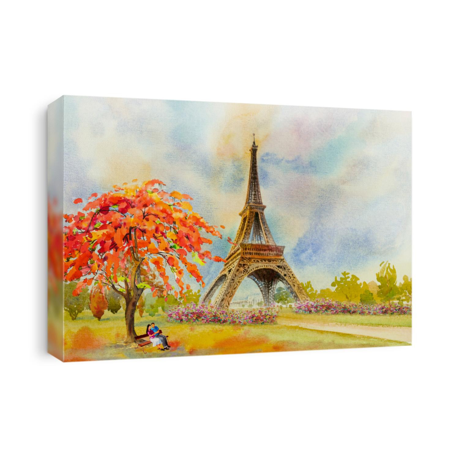Paris European city landmark. France, Eiffel tower and couple lovers man woman, sitting on the bench under the tree, Modern art, flower garden. Watercolor painting illustration,wedding, Valentine day