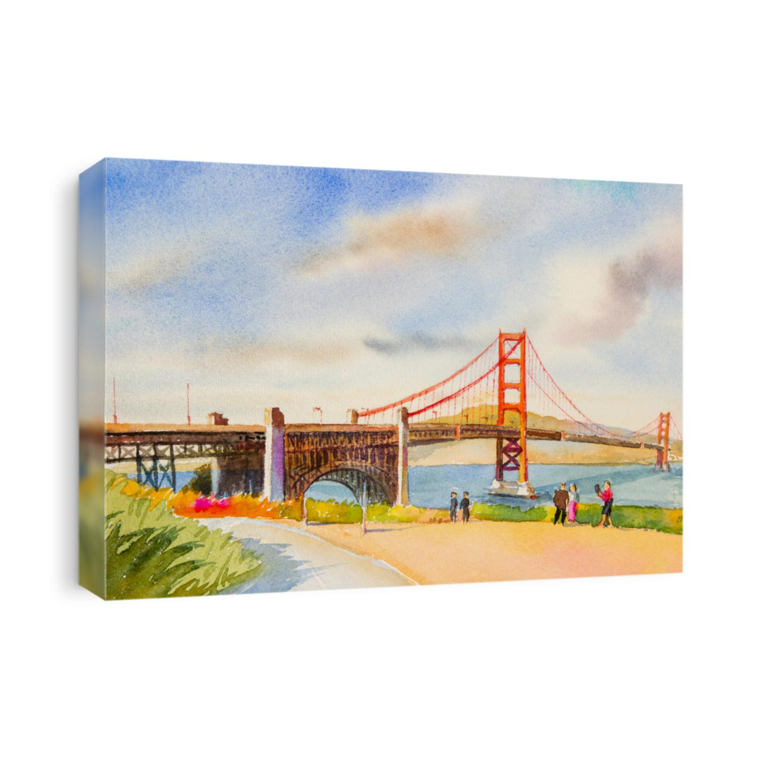 Golden gate bridge - sightseeing in San Francisco, USA. Family tourists tour enjoying the view at the famous travel landmark in California. watercolor painting landscape illustration,in summer holiday