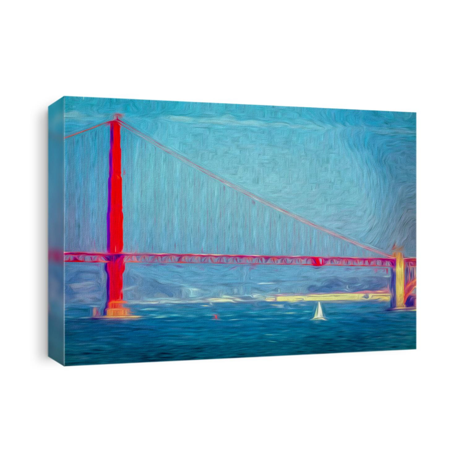 Impressionistic abstract of entrance to San Francisco Harbor with sailboat about to pass under the Golden Gate Bridge, with digital painting effect and canvas texture