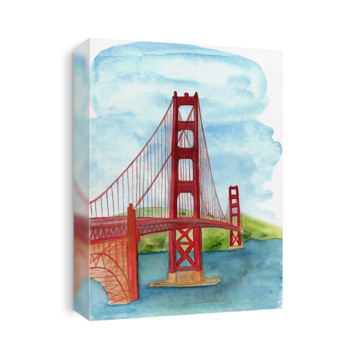 Golden Gate Bridge hand drawn watercolor with landscape.