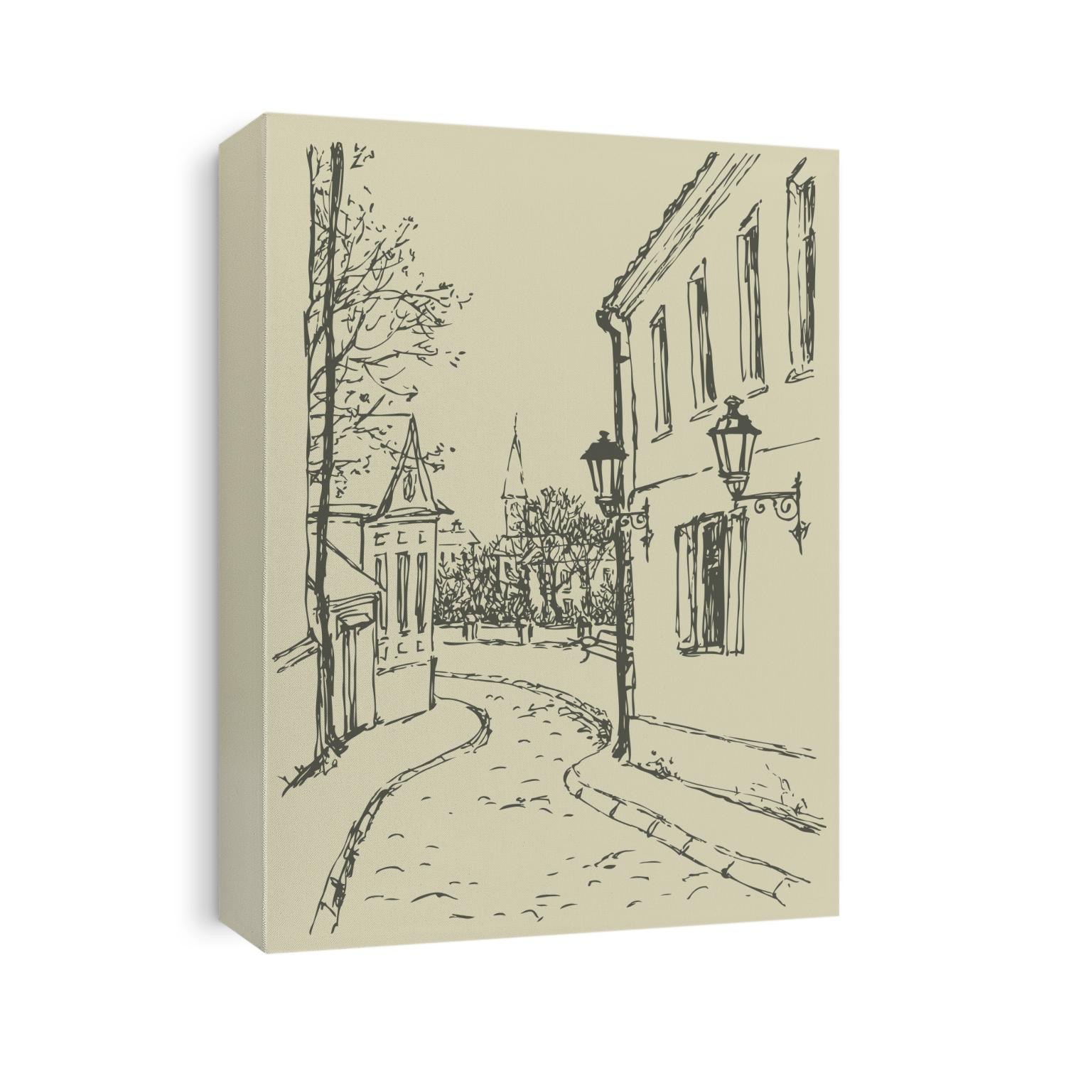 Vector landscape. The narrow streets of old town with access to the park near the church