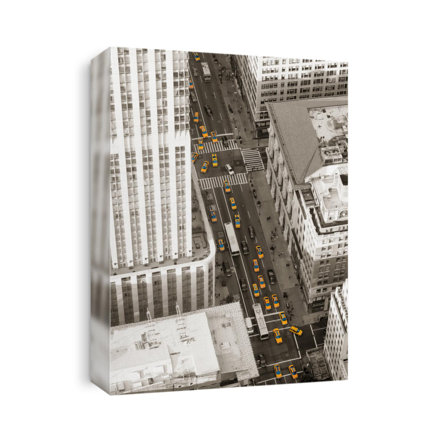 Aerial black and white view of New York City with lots of yellow cabs