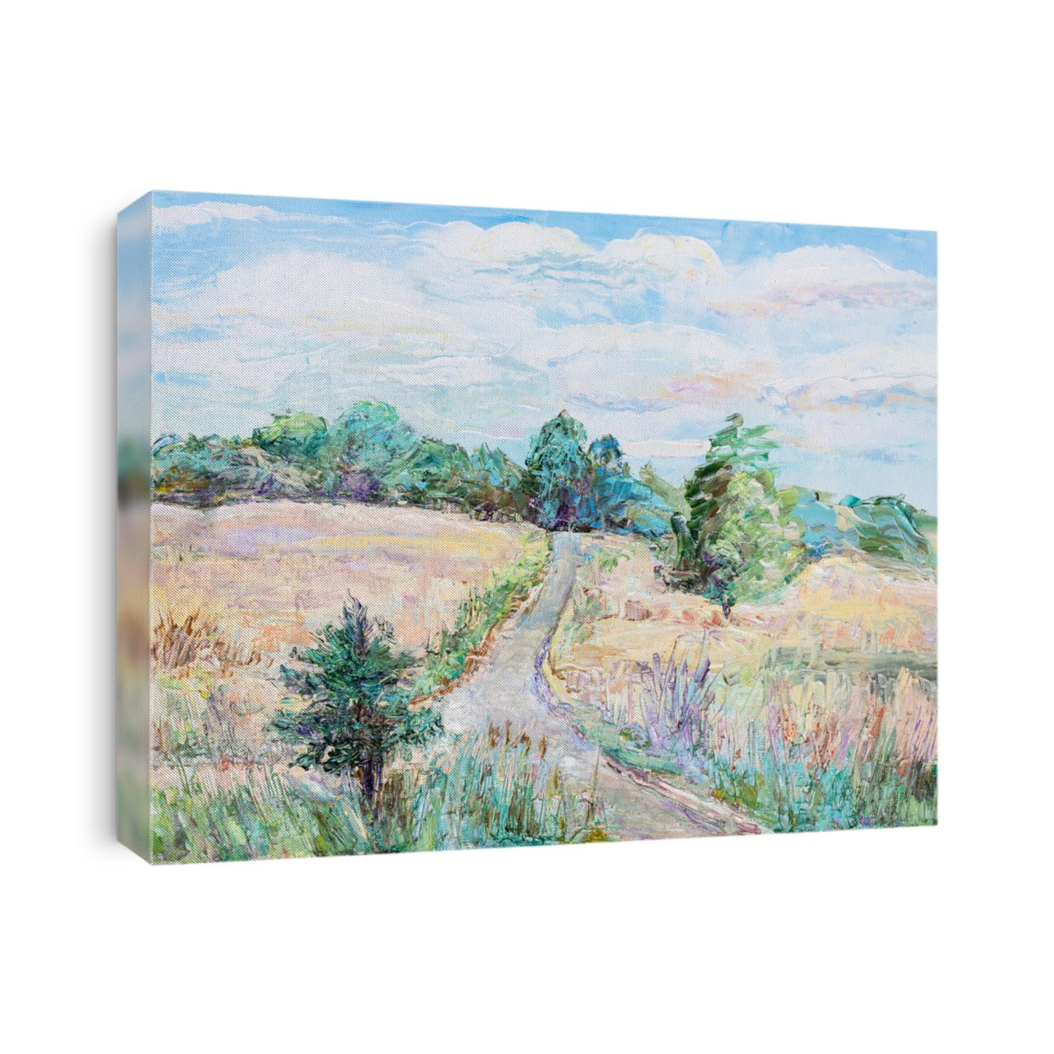 summer landscape, rural road in the field, oil painting picture