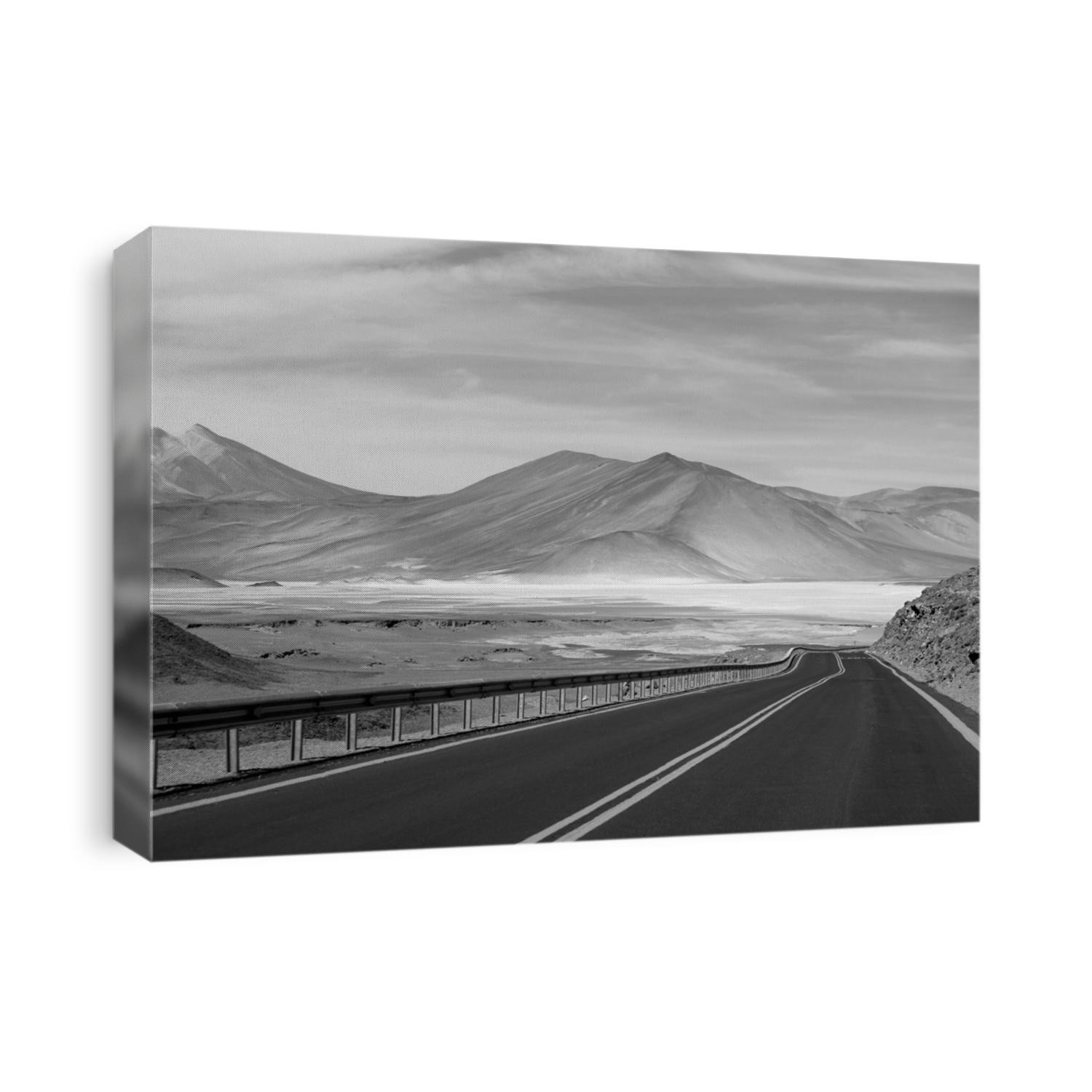 Monochrome empty road to the amazing highland salt lakes in northern Chile, South America