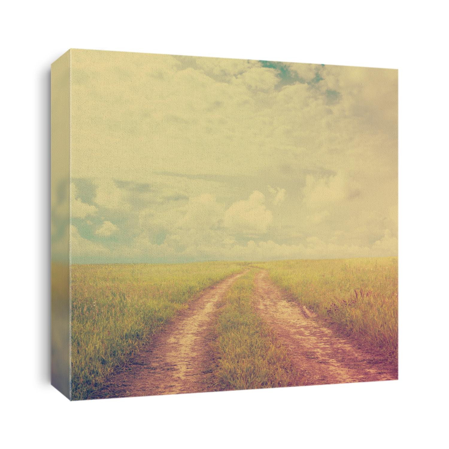 Country road through the fields, retro film filtered, instagram style 