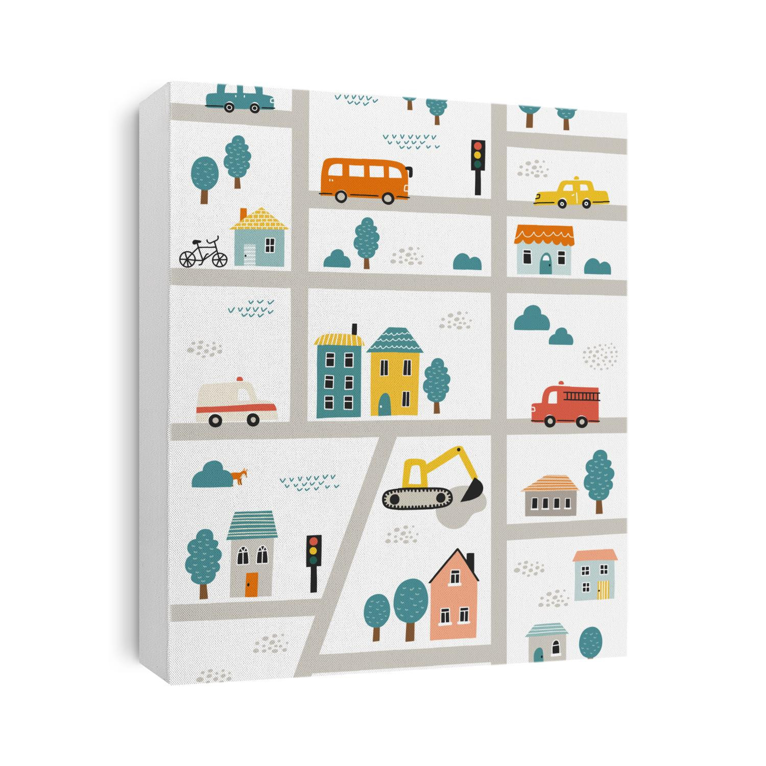 Hand drawn vector illustration. Cute town map with roads and houses for nursery wallpaper, poster, bedding.
