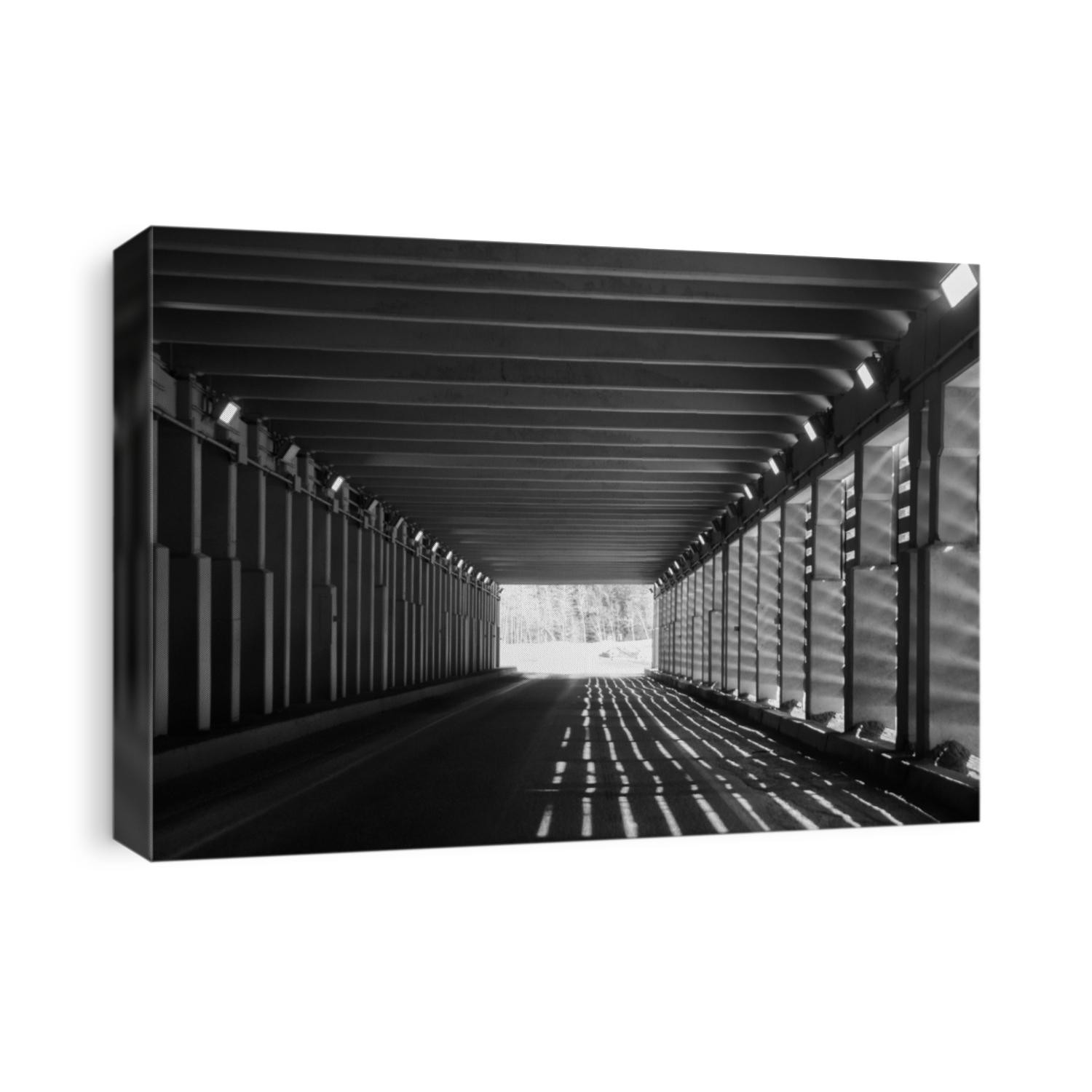 black and white image of avalanche tunnels on the Trans Canada highway through Rogers Pass in  British Columbia shadows cast by sunlight transportation and roads background horizontal format 
