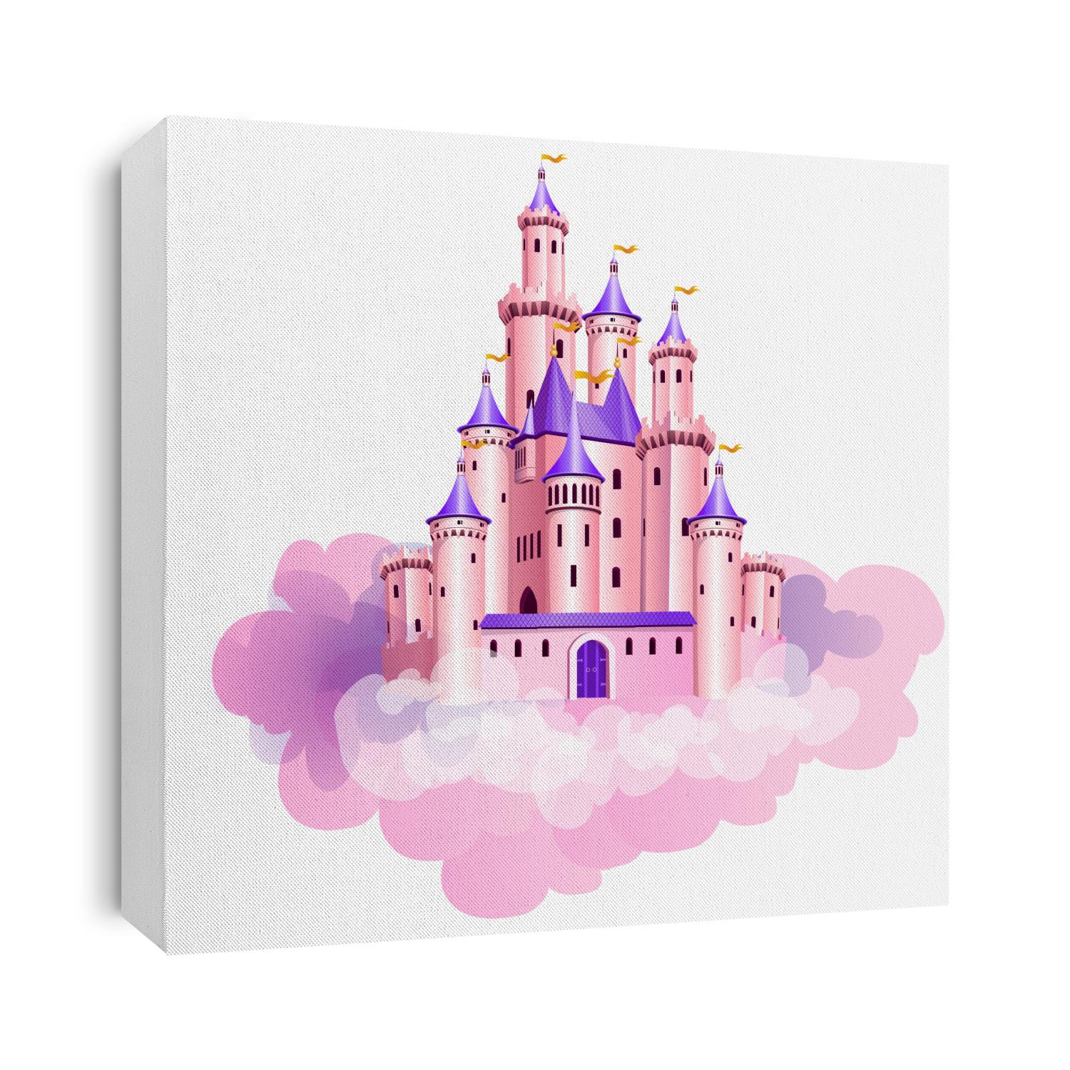 The vector illustration of pink princess magic castle in clouds.