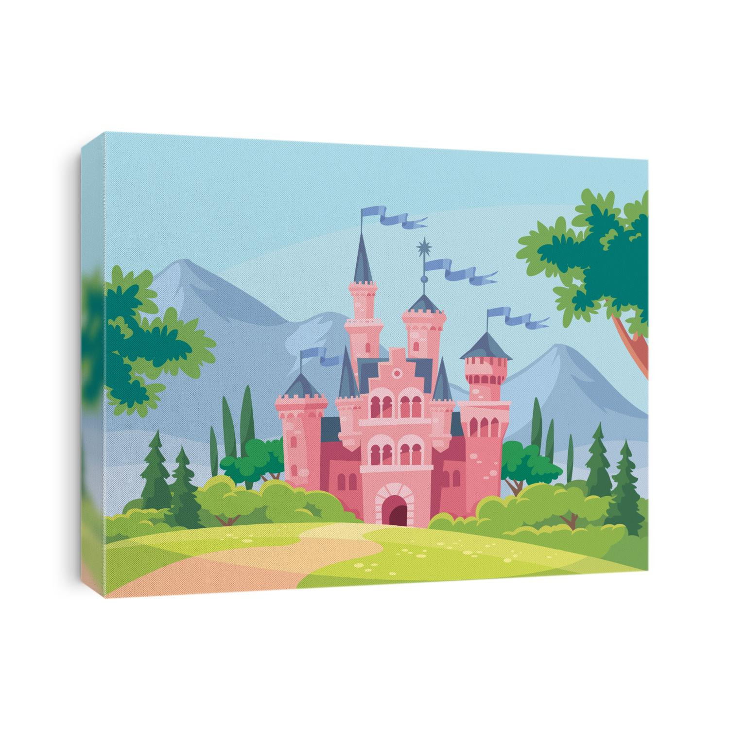 Vector illustration for children with fairy pink castle. Medieval fairytale magical magic fortress fort royal palace.