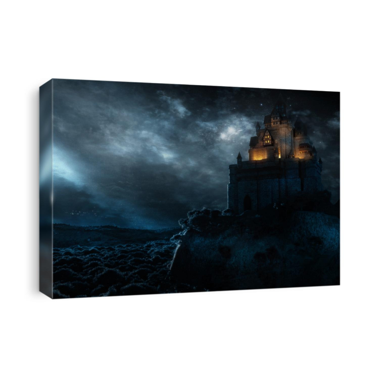 3D rendering of an epic castle scenery with full moon in majestic night sky and highly detailed natural environment landscape. 